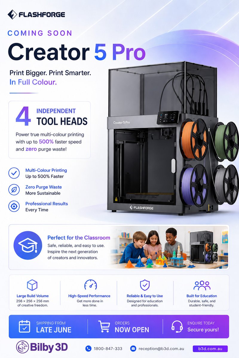 Bilby3D's tweet photo. 🚨 COMING SOON 🚨

The all-new Flashforge Creator 5 Pro is arriving soon, and we're now taking pre-orders! https://t.co/tk3GkhIvPN