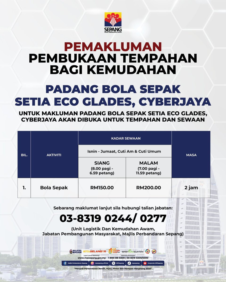 MPSepang's tweet photo. Tempahan Padang Bola Sepak Setia Eco Glades, Cyberjaya kini dibuka!

⚽ RM150 (siang) | RM200 (malam) bagi tempahan 2 jam.

📞 03-8319 0244 / 0277 https://t.co/3qkuFsymuB