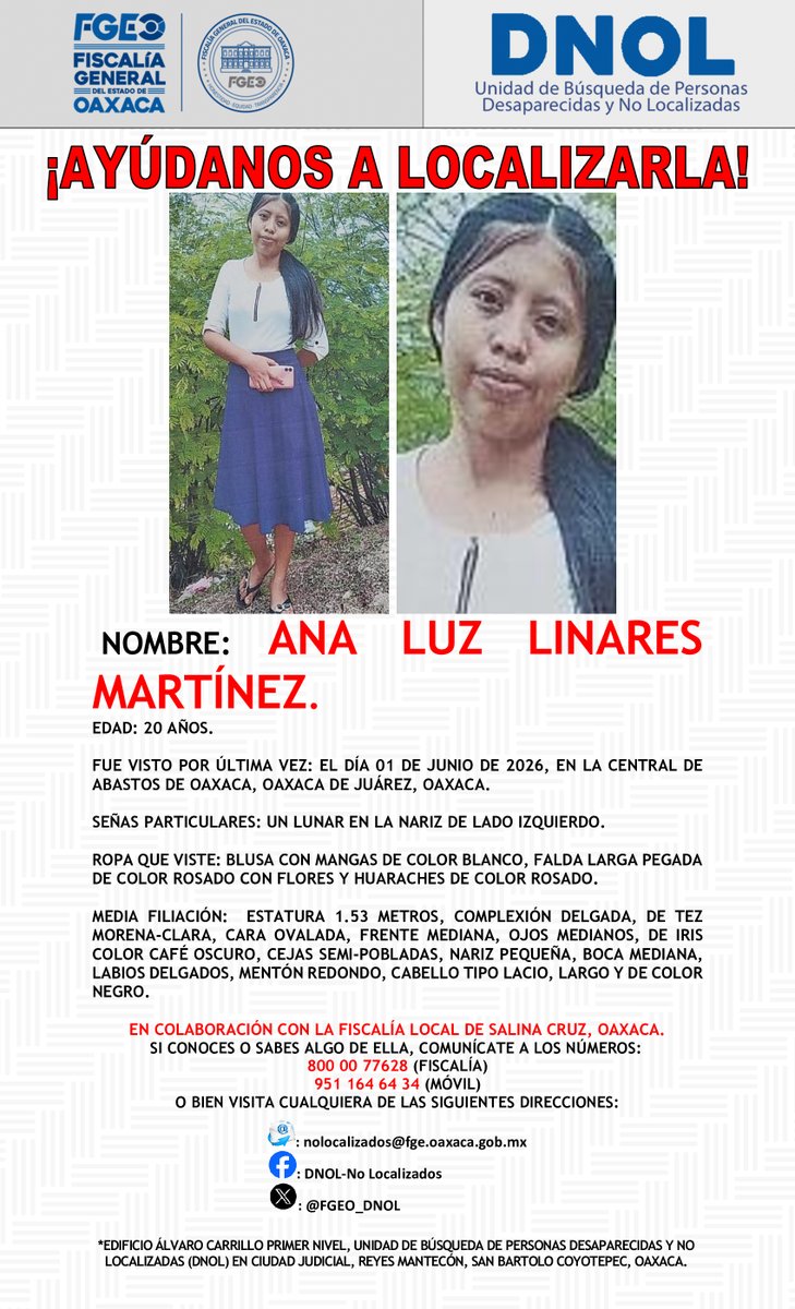 FGEO_DNOL's tweet photo. ¡AYÚDANOS A LOCALIZARLA!
@FISCALIA_GobOax
@AEI_Oaxaca
@PolVial_GobOax
@Policia_GobOax
@089Oaxaca
@Oaxaca_9_1_1
@cruzrojaoaxaca
@Bomberos_GobOax
@DIF_Oaxaca
@GN_Carreteras
@SIDISSPC_GobOax
@PABIC_GobOax https://t.co/OFEFpI0NBK