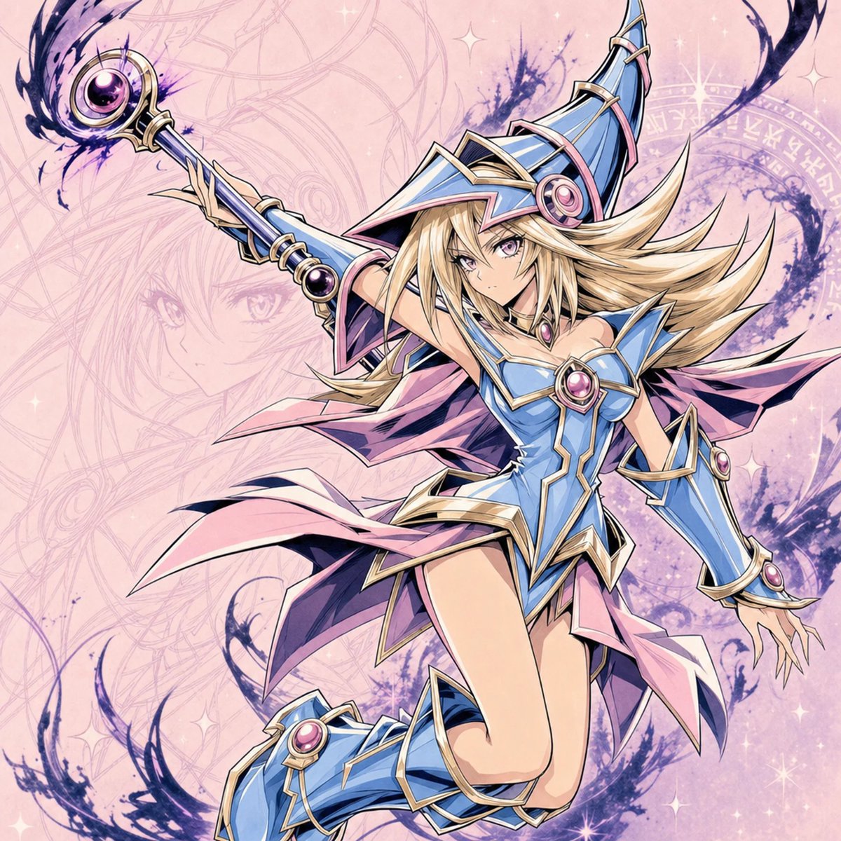 story_with_ai's tweet photo. A soft pastel 90s anime fantasy style 
- Dark Magician 
- Dark Magician Girl 
- Magician's Valkyria  

where pastel beauty meets dark magical intensity.  

Prompt in the comments. https://t.co/BJBqPq0xhy