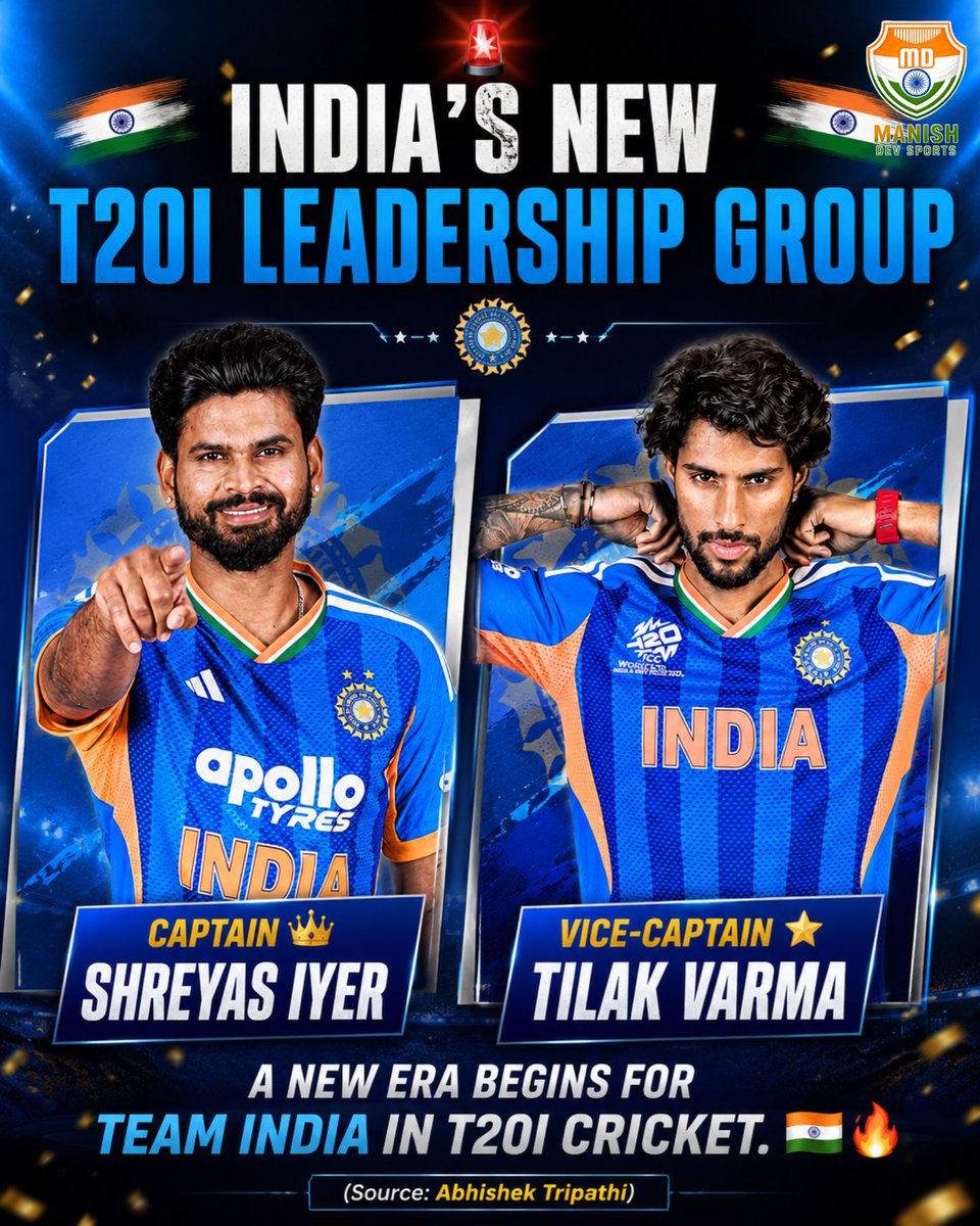 ManishDevSports's tweet photo. 🚨 A NEW ERA FOR TEAM INDIA! 🇮🇳

Shreyas Iyer takes charge as Captain 👑, while Tilak Varma steps up as Vice-Captain ⭐💙

[SOURCE - ABHISHEK TRIPATHY]

#teamindia #IndianCricket #BCCI https://t.co/Huf7PsOWT2