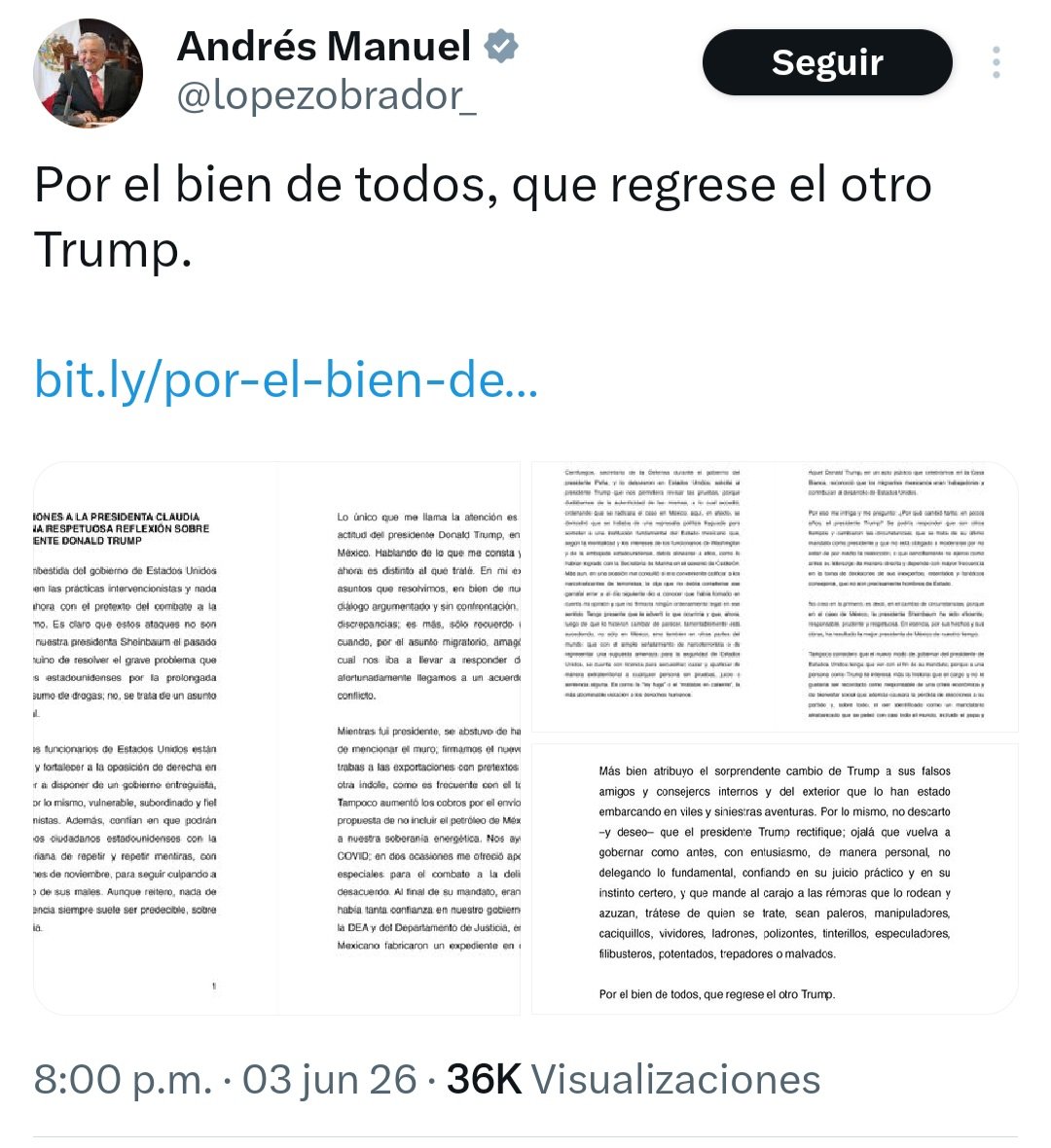 LnkFong's tweet photo. Reaparece AMLO y lo hace para decir, con muchas vueltas, que Trump está engañado y manipulado por oscuros personajes.
Él y Sheinbaum se quieren pelear con Estados Unidos sin hacer enojar a Trump.
No son astutos, están fuera de sí. Lo que escribe AMLO es una sarta de sinsentidos https://t.co/X9zRsjw8B6