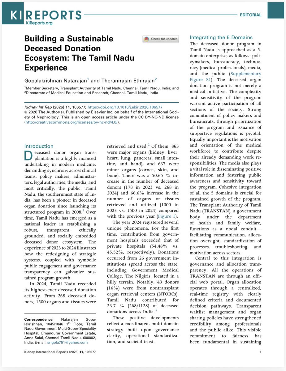 arvindcanchi's tweet photo. Building a Sustainable
Deceased Donation
Ecosystem: The Tamil Nadu
Experience. Editorial by @ngkngkindia and Dr Ethirajan  on the steps taken for the sustained and increasing success of DDTx in Tamil Nadu. https://t.co/jnC1rm11A9
