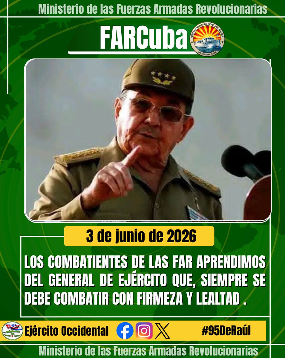 EjtoOccidental's tweet photo. 🔵🔴🟢| Los combatientes de las FAR aprendimos del General de Ejército Raúl Castro Ruz que,por difíciles que sean las circunstancias, se debe combatir con firmeza,disciplina y lealtad. Su ejemplo nos guía en cada batalla,recordándonos que la Patria se defiende
#FARCuba #95DeRaul https://t.co/ZDJUs1YswQ
