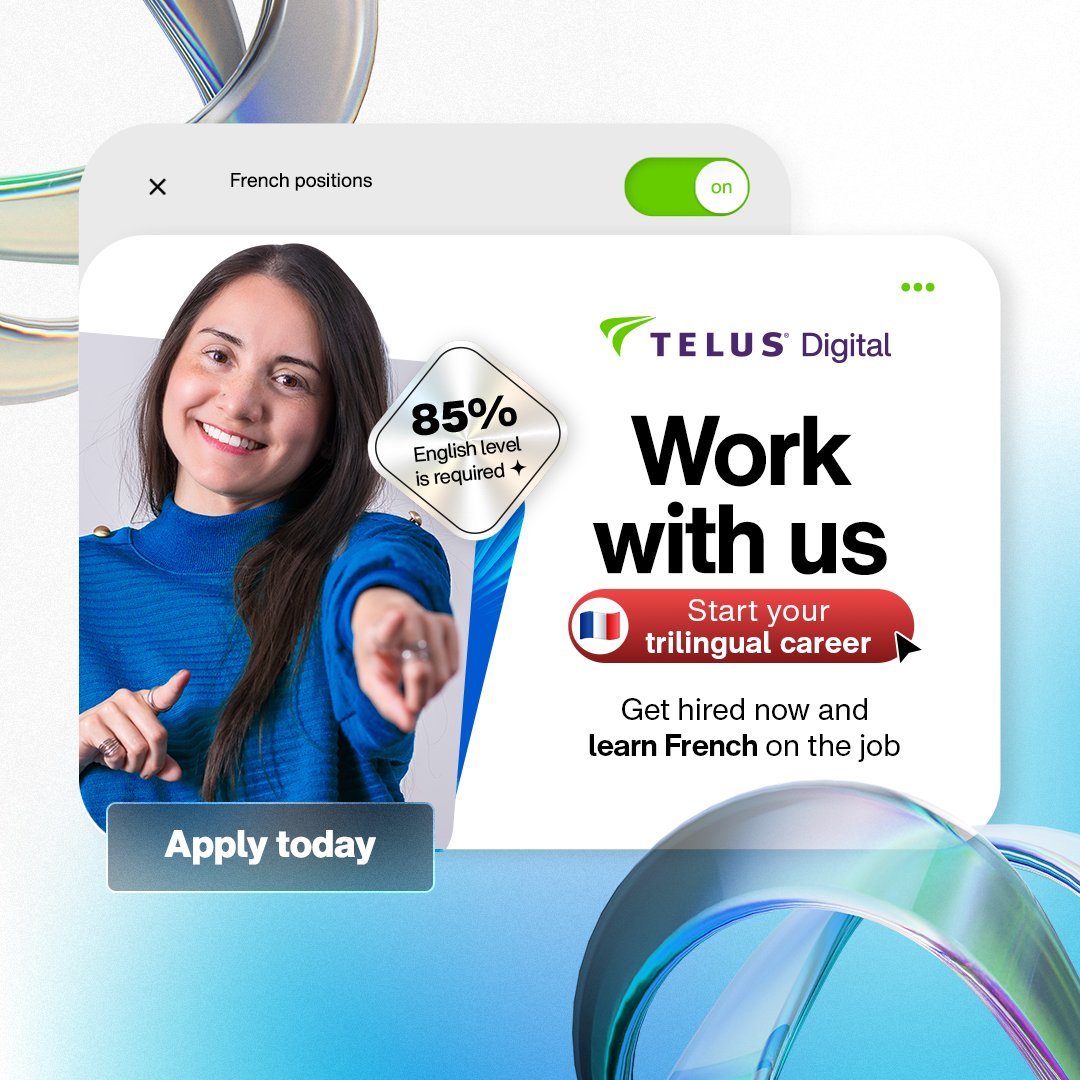 AFGuatemala's tweet photo. 🗣️🇫🇷 Forma parte del Equipo Telus con oportunidades laborales, en tres idiomas, ideales para tu crecimiento laboral 💯📝 Escribe a @telusdigitalgt para más información 🌎⚡ https://t.co/0phQFhxyZI