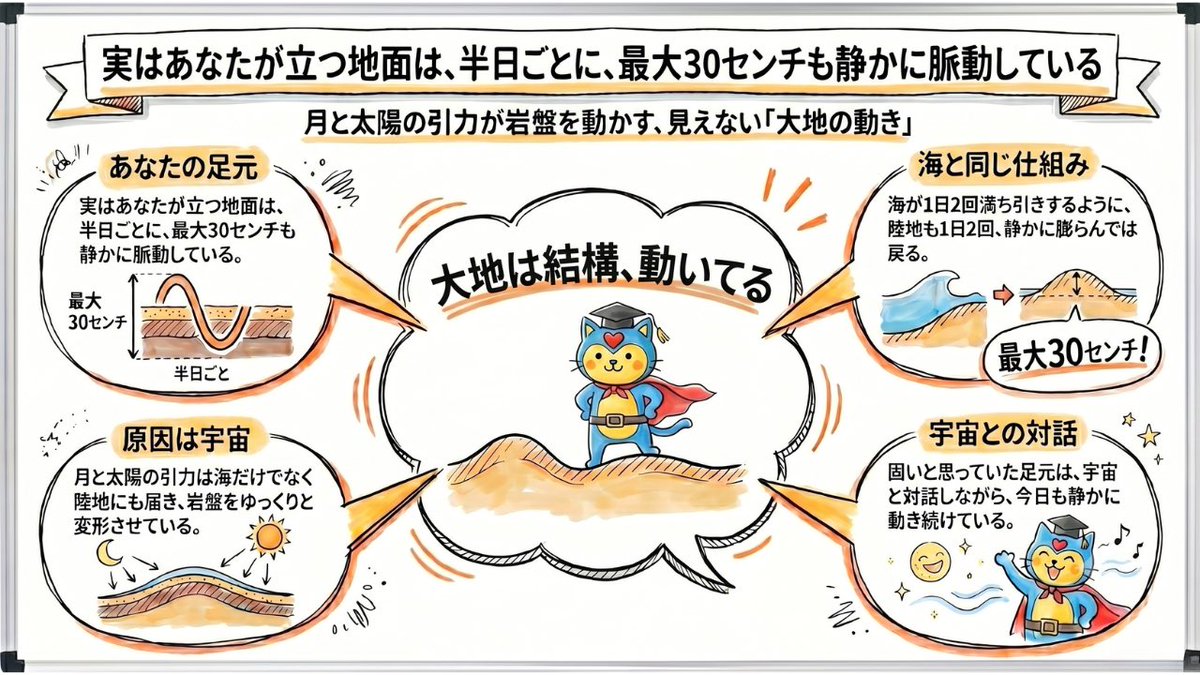 usephys's tweet photo. 実はあなたが立つ地面は、半日ごとに、最大30センチも静かに脈動している。

「固い大地」は錯覚だ。
月と太陽の引力は海だけでなく陸地にも届き、岩盤をゆっくりと変形させている。

海が1日2回満ち引きするように、陸地も1日2回、静かに膨らんでは戻る。
1か所で見れば最大30センチほどにもなる、音もなく見えない地面の動き。

固いと思っていた足元は、宇宙と対話しながら、今日も静かに動き続けている。