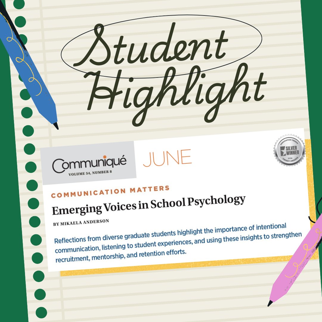 USMSchoolPsych's tweet photo. A big congratulations to 4th year student Mikaela Anderson on her recent contribution to Communiqué, NASP's national publication, featuring perspectives from graduate students across the country including a fellow USM 4th year school psych, Lourdes Rodriguez!

We are so proud!💛 https://t.co/fJga1YVzP9