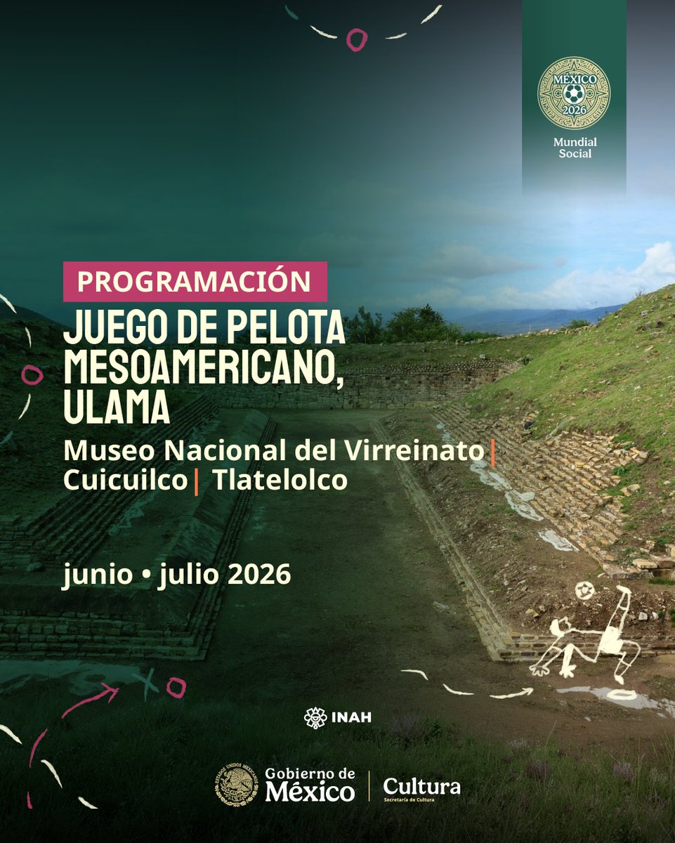 cultura_mx's tweet photo. La cancha más grande del mundo es la cultura de México.

Como parte del Mundial Social 2026, el juego de pelota mesoamericano regresa a espacios emblemáticos del patrimonio nacional mediante demostraciones de juego de pelota y ulama, práctica que mantiene vivo uno de los legados culturales más importantes de Mesoamérica.

@Virreinato | Domingo 28 de junio y domingo 26 de julio de 2026 | 14 h | Entrada libre
Zona Arqueológica de Cuicuilco | Domingo 21 de junio de 2026 | 11 y 15 h | Entrada libre
Zona Arqueológica de Tlatelolco | Miércoles 29 de julio de 2026 | 18:20 h | Entrada libre
@ccurieldeicaza @INAHmx