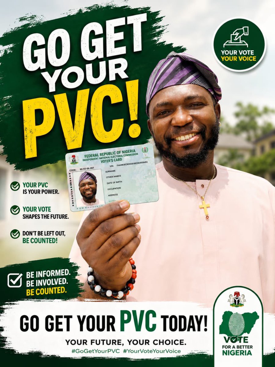Djaymoreplay's tweet photo. 🇳🇬 Your PVC is more than a card it is your voice, your power, and your opportunity to shape the future.

I have gotten mine, have you gotten yours? ✅

#GoGetYourPVC #YourVoteYourVoice #PVC2027 https://t.co/iizPrNSyh8