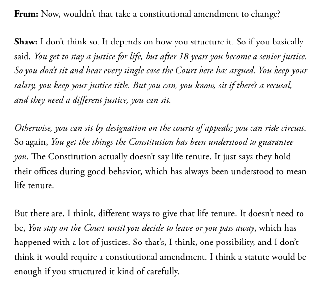 OrinKerr's tweet photo. For those who believe that this "court reform" legislation would be constitutional, a question: Would it be constitutional if the legislation has every new Justice becoming a Senior Justice after one minute of being a regular Justice?  They would get the title/salary for life. https://t.co/eVA9yiGjaM