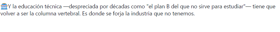 AM19011908's tweet photo. @gustavoreija Oportuna nota, De q sirve Vaca Muerta si el capital  humano se destruye y eso se vuelve irrversible Esta gente  tiene una vision financiera La d un  contador d empresa no la d un CEO La educacion tecnica fue un pilar d desarrollo industrial y las escuela fabricas cerradas x Menen https://t.co/R48Rv7kFUI