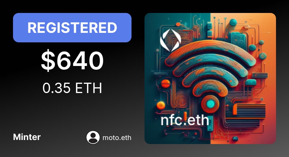 ENSMarketBot's tweet photo. 🏛️ REGISTERED: nfc.eth

For: $639.78 (0.35 ETH)
Minter: moto.eth

Last Sale: 0.23 ETH, 20 Aug 2021
Category: Tech Industry

https://t.co/v7P1zi93Xl https://t.co/oeToEqZZp1