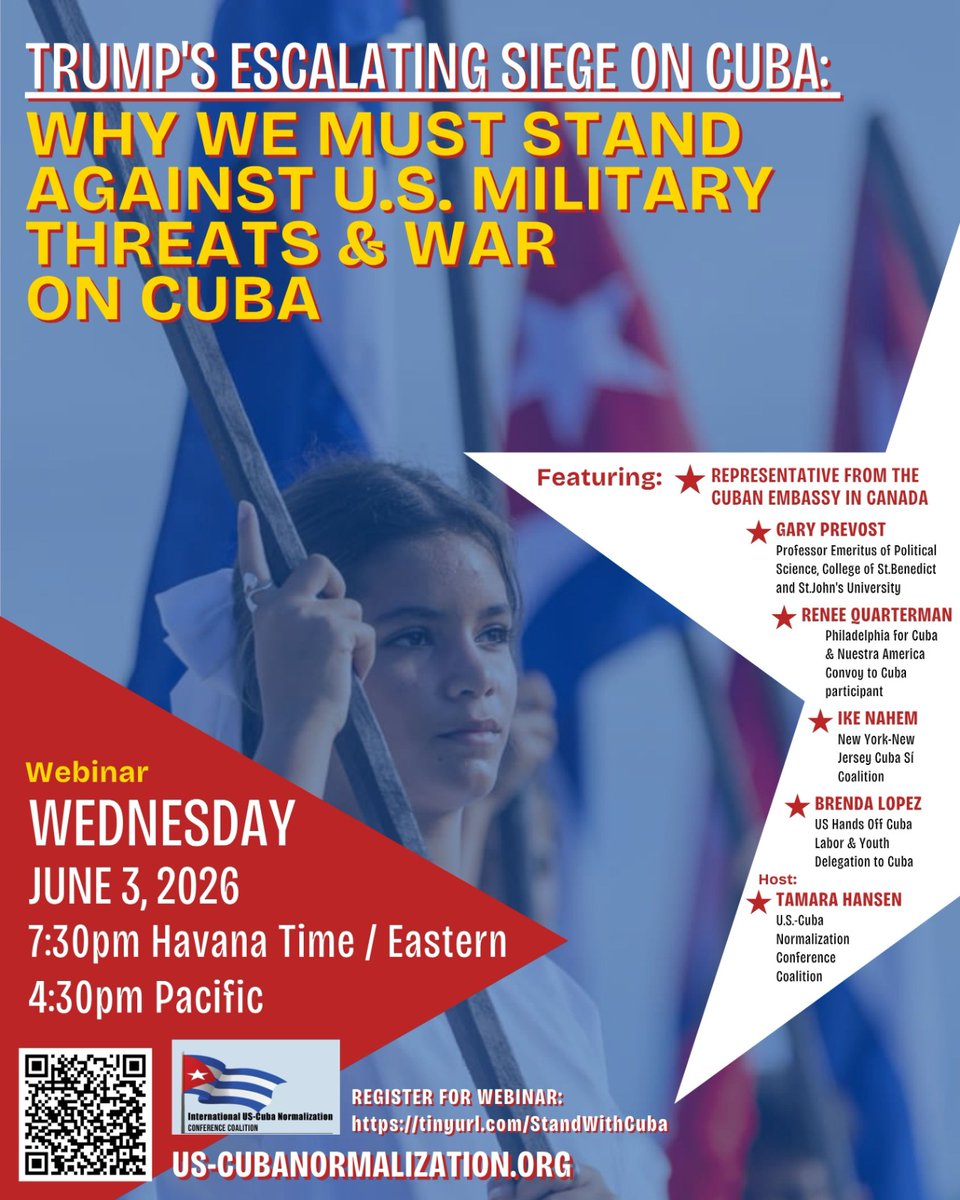 FTT_np's tweet photo. Join in this important Webinar for #Cuba today! Unite against U.S. War and Siege on Cuba! Featuring speakers from the Cuba, the U.S. &amp; Canada ✊🇨🇺
Wed. June 3, 4:30pm Pacific time
Register: https://t.co/w43jpvJ0ev

#droptheblockade #tumbaelbloqueo #nowaroncuba #cdnpoli #vanpoli https://t.co/Akbuux72Ik