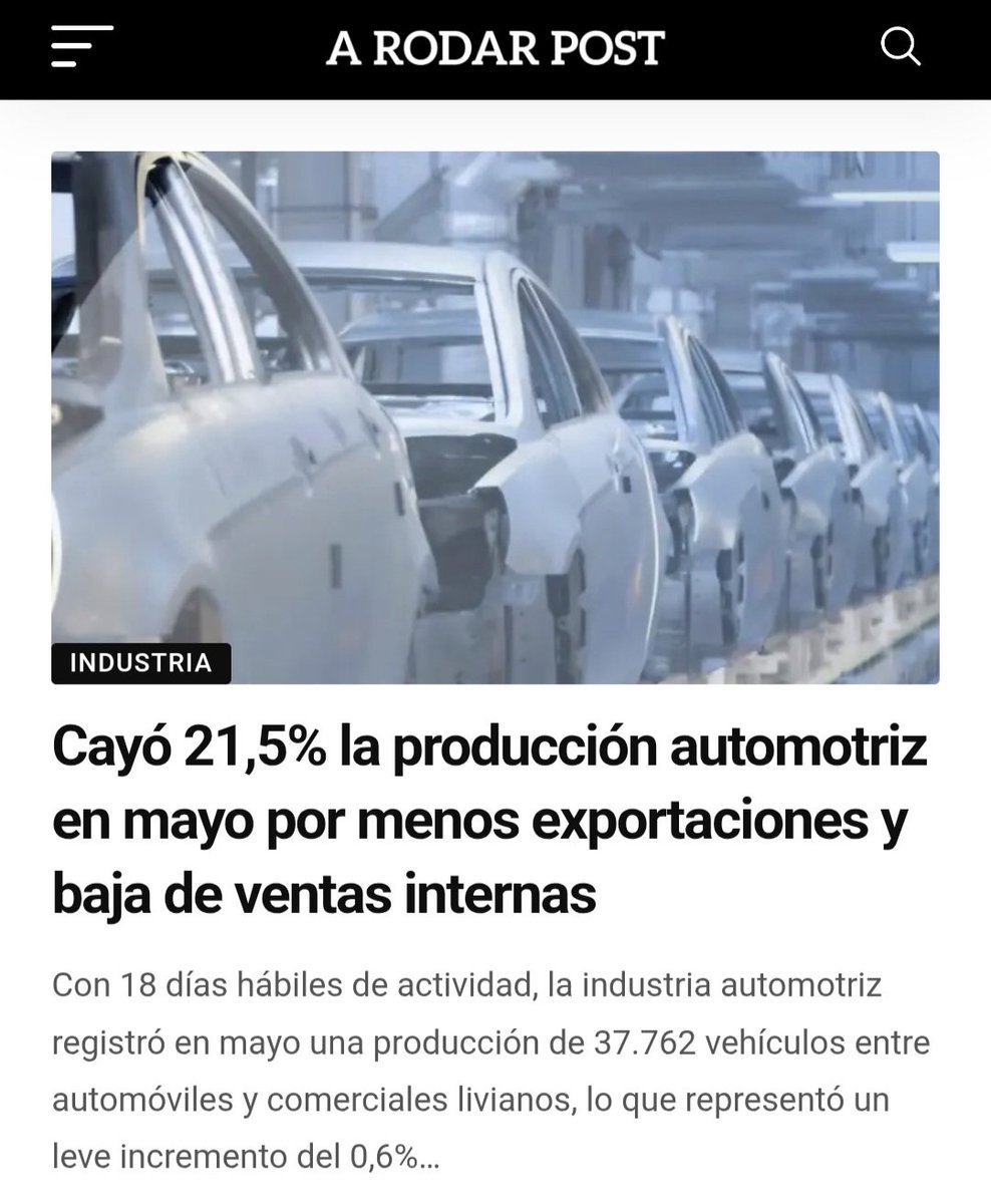horacioalonso16's tweet photo. Dato. Cayó 21,5% producción automotriz en mayo vs 5/25. Tmb bajaron  exportaciones. En mercado interno, las ventas mayoristas cayeron 39%. Se explica x retroceso de ventas de 0km nacionales y crecimiento de importadas. Estadísticas de @Adefa_Prensa , acá👇
https://t.co/1pPTgUZQ0z https://t.co/A7Un9rIwkX
