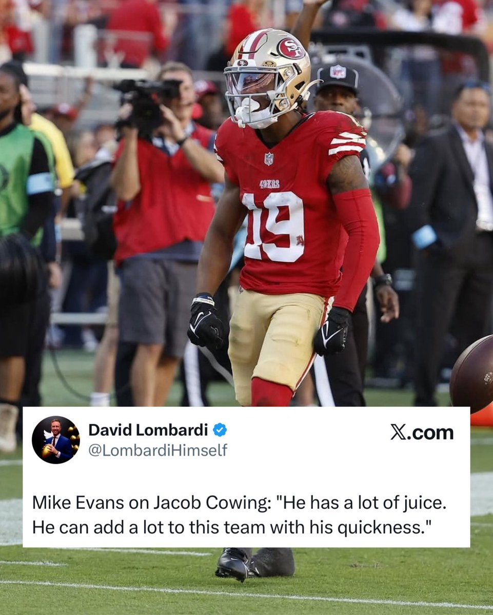 OurSf49ers's tweet photo. #49ers Mike Evans says Jacob Cowing “has a lot of juice.” 👀

Via: @LombardiHimself https://t.co/yPidDdjaGi