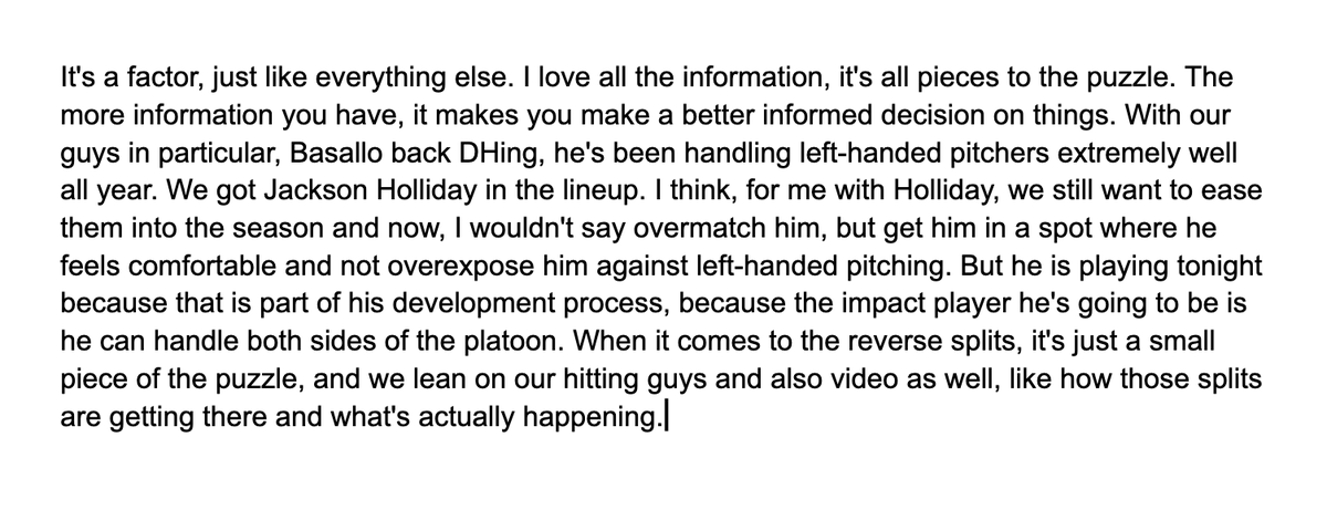 jcalvinmeyer's tweet photo. Boston LHP Payton Tolle has reverse splits.

RHBs vs. Tolle — .607 OPS
LHBs vs. Tolle — .719 OPS

Tonight, Orioles manager Craig Albernaz has three lefties in the lineup, including Samuel Basallo and Jackson Holliday.

Here's what Albernaz when asked about pitcher reverse splits: https://t.co/3ibulQXar2