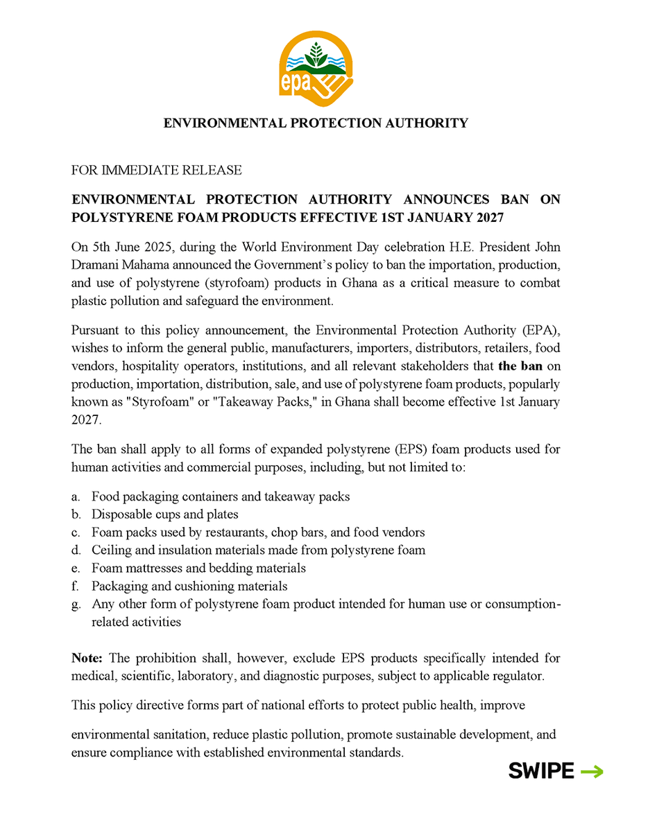 tribaverse's tweet photo. Ghana's Environmental Protection Authority (EPA) has announced a nationwide ban on the production, importation, distribution, sale, and use of polystyrene foam products, commonly known as Styrofoam, effective 1 January 2027. https://t.co/dA5PqNGFZE