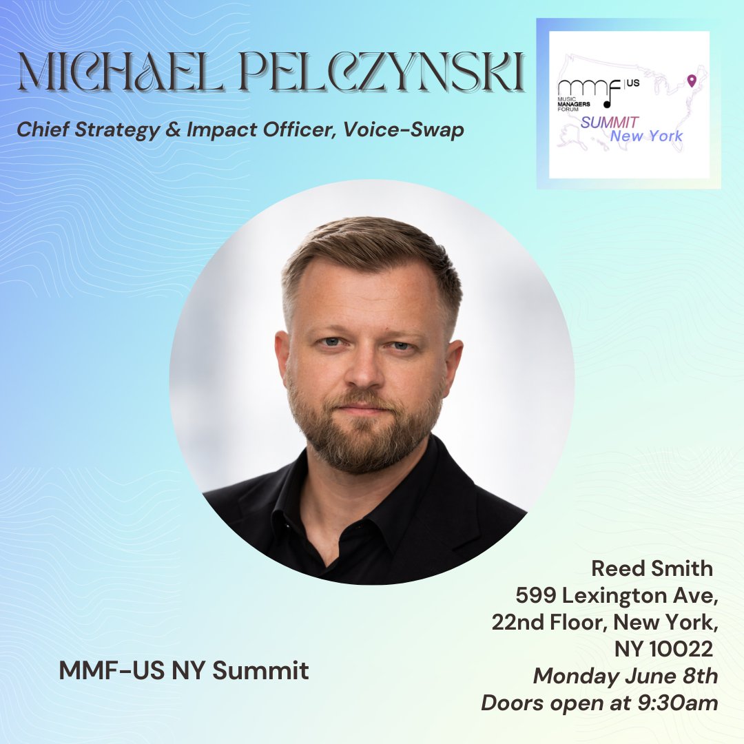 MMFUS's tweet photo. 🎤 Speaker Announcement! @MikePelczynski, Chief Strategy & Impact Officer at @voiceswapai, joins the @MMFUS New York Summit on June 8 at @reedsmithllp. A day of panels, presentations & networking for artist managers, self-managed artists & the #musicindustry. Learn, connect & grow.

RSVP: https://t.co/ODlKVyLzMa