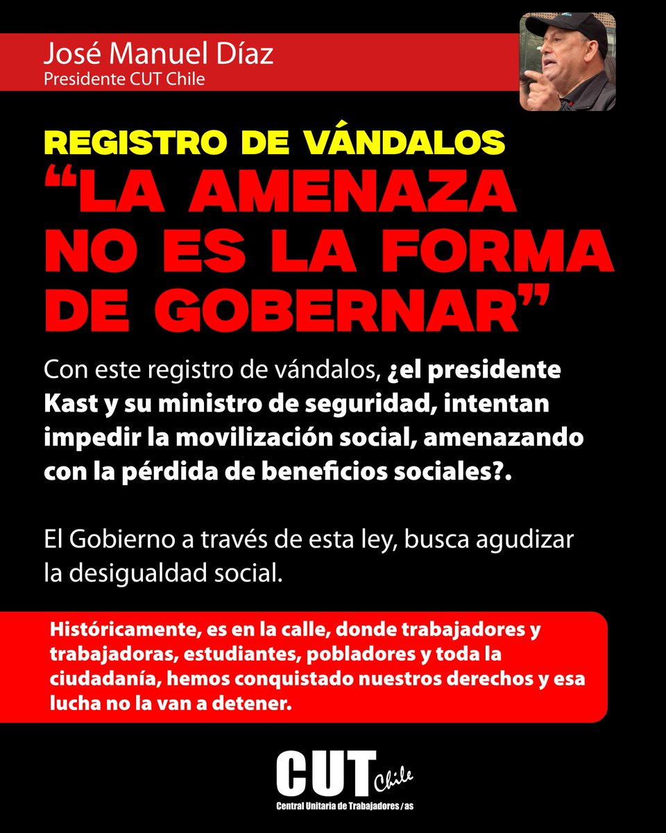 Cutchile's tweet photo. Los avances de trabajadores, trabajadoras y del movimiento social, fueron fruto de la organización y la lucha colectiva. Por eso, rechazamos medidas como el registro de vándalos, que busquen inhibir la movilización pacífica mediante amenazas o sanciones. La democracia se fortalece con más participación.

@adnradiochile @Cooperativa @biobio @uchileradio @radiousach @RNuevoMundo  @meganoticiascl  @24HorasTVN @T13 @CHVNoticias @CNNChile @PiensaPrensa @NYC_prensa @elmostrador @El_Ciudadano  @La_Segunda @latercera  @pulso_tw @DFinanciero @pagina19cl @elsiglochile @delosquesobran @Sindical_cl @ElMercurio_cl