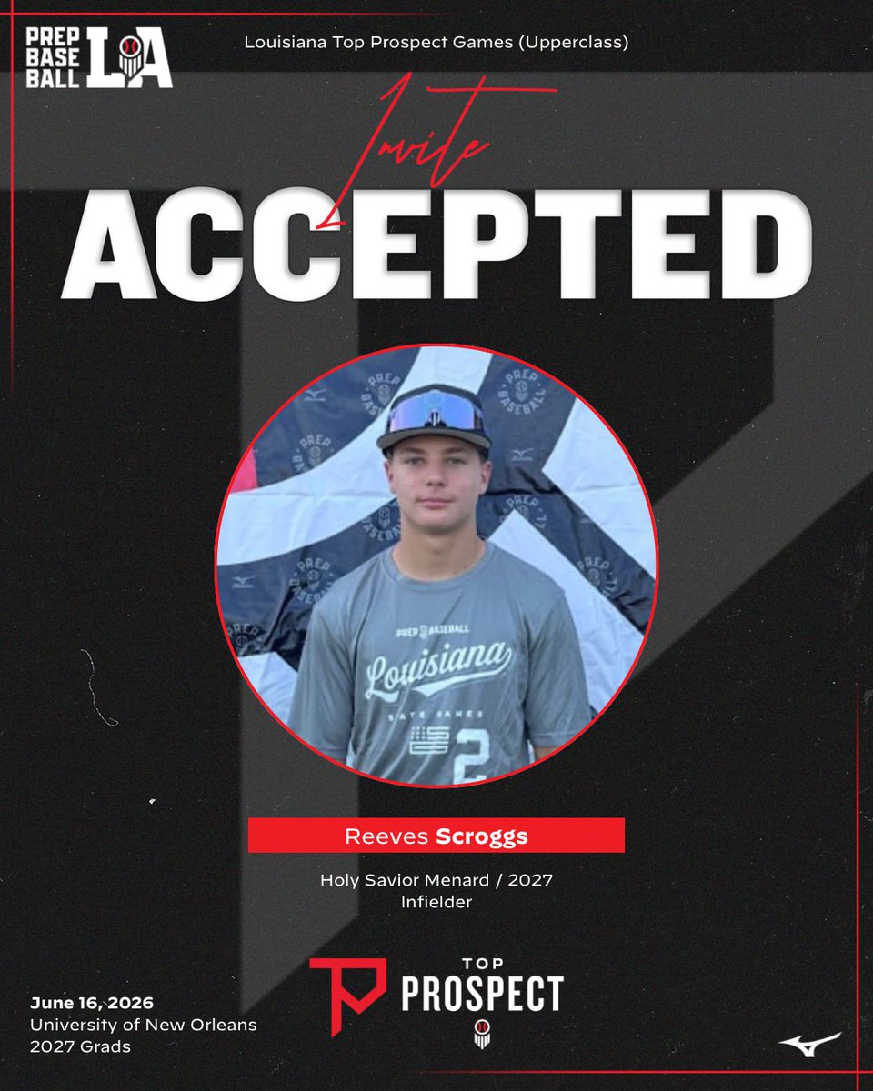 PrepBaseballLA's tweet photo. 🎟️ #𝐋𝐀𝐓𝐏𝐆𝟐𝟔 𝐈𝐧𝐯𝐢𝐭𝐞 𝐀𝐜𝐜𝐞𝐩𝐭𝐞𝐝

We’re excited to see the following players at the Upperclass Top Prospect Games on June 16th at the University of New Orleans.

‘27 Reeves Scroggs (Holy Savior Menard)

‘27 Brody Shannon (Brother Martin)

‘27 Baker Sharp (Catholic BR)

‘27 Tyson Sheets (St. Amant)

Event page with complete roster and all the details below ⬇️ 

#BeSeen

🖇️ https://t.co/I0hKpmdM0I