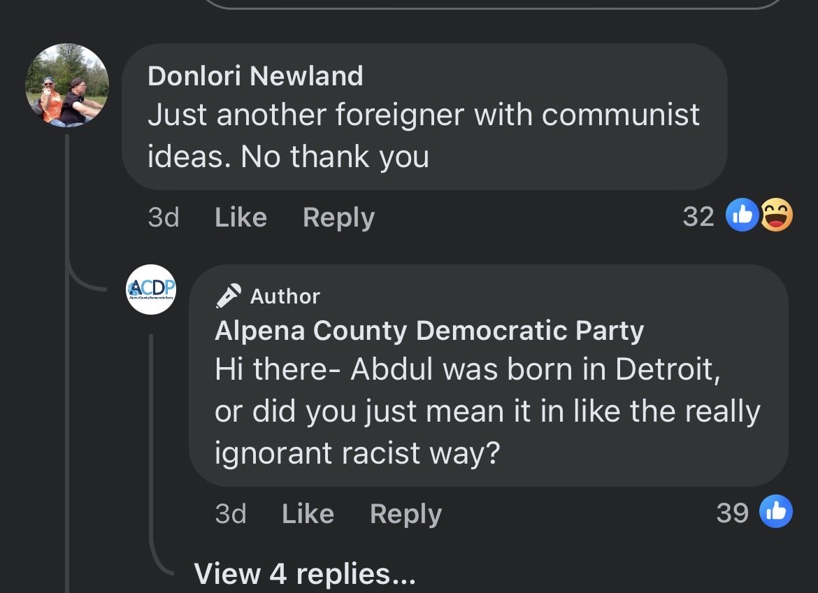 AustinHoney30's tweet photo. The Alpena county Democratic Party is going to war for AES in comment sections https://t.co/gOoFNKdLpd