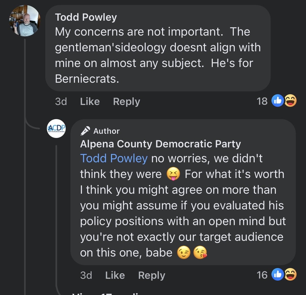 AustinHoney30's tweet photo. The Alpena county Democratic Party is going to war for AES in comment sections https://t.co/gOoFNKdLpd