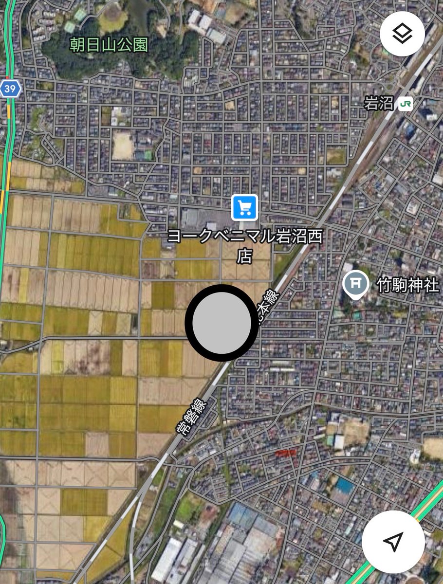 S__Watcher's tweet photo. 岩沼市長選で突然現職が打ち出した新駅構想はこの辺かな。
ツッコミどころ満載だが、そもそも人口1万人以上増やすって、この田んぼ全部埋めても厳しいな。 https://t.co/bgnW96Qmii