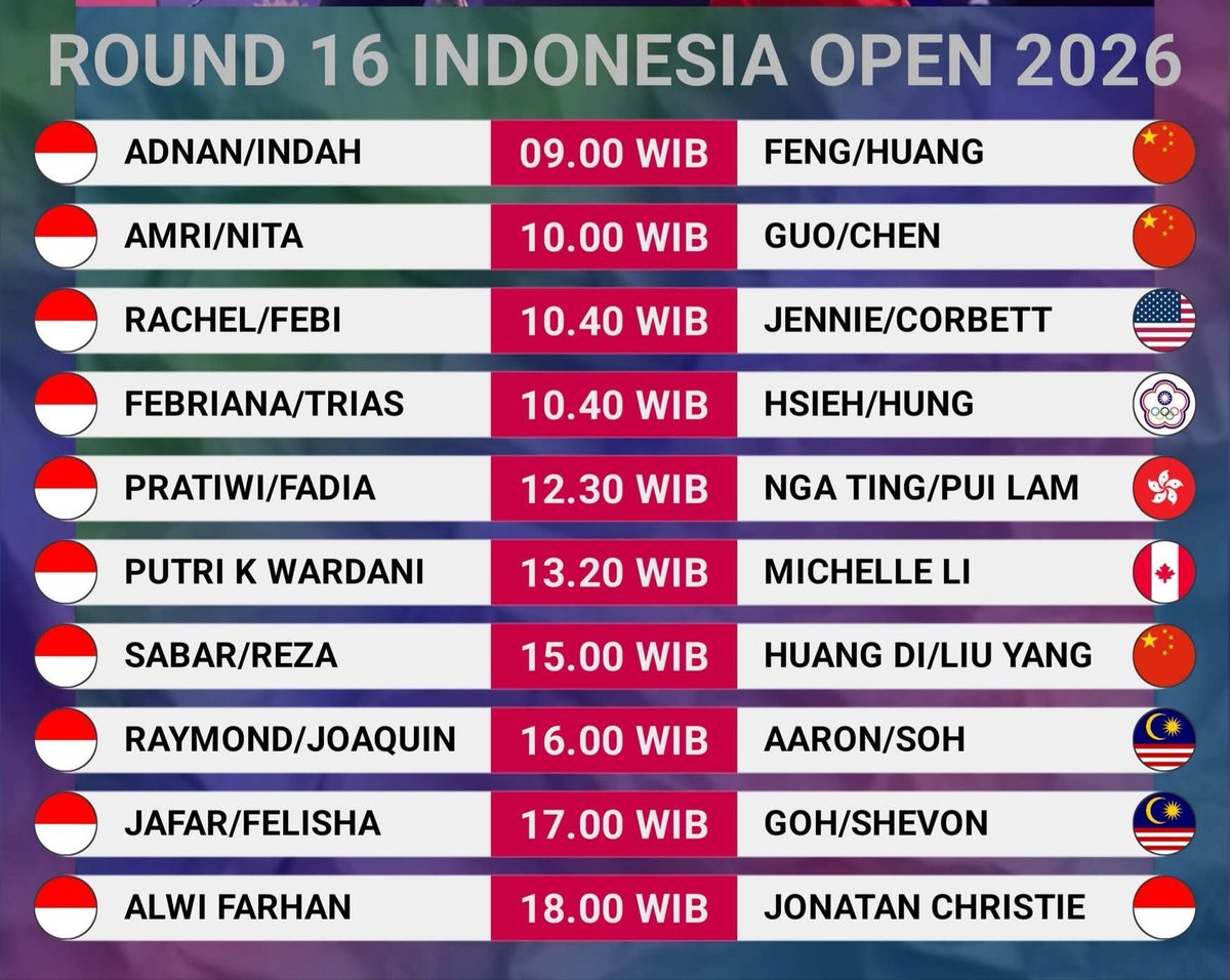 bwftvlive's tweet photo. 🔴 LIVE Badminton Indonesia Open 2026
Babak 16 Besar Hari ini

Link 👉 https://t.co/QiGGoSufpD
Link 👉 https://t.co/KkouTEpvC7

#IndonesiaOpen2026
#Badminton #indonesia https://t.co/ljVqD4AmhO