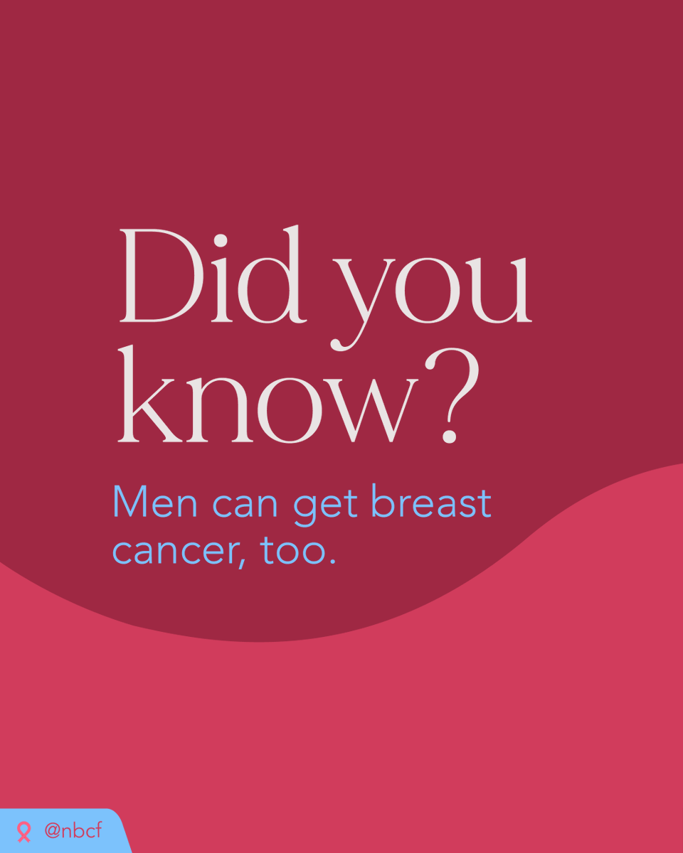 NBCF's tweet photo. This month and every month, remind the men in your community to prioritize their health—including their breast health. Breast cancer in men is usually detected as a hard lump (with or without pain, feels like a knot or hard pebble) underneath the nipple and areola, which is often found by men while in the shower. Other common symptoms include:

👉 Pain in the nipple or breast area
👉 Changes to the breast skin, including dimpling, puckering, or redness
👉 Change in the breast shape or size
👉 Nipple discharge
👉 A rash or a sore on the nipple or areola
👉 Nipple turning inward (inverted nipple)

If you or a loved one are experiencing any of these symptoms, contact a healthcare professional immediately. Early detection of breast cancer increases treatment options and often reduces the risk of dying from breast cancer for men and women alike. #MensHealthMonth

Learn more: https://t.co/1hLjAp29rT