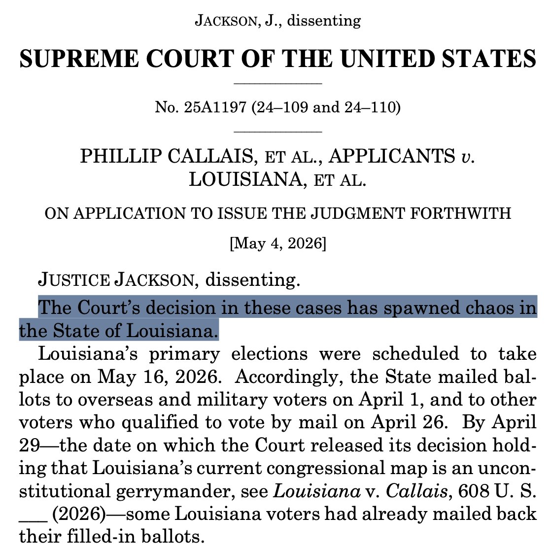 TheRepLawyer's tweet photo. ‼️Regarding the racially gerrymandered maps finally recognized as unconstitutional, the liberal wing of the Supreme Court has now twice referred to changing the maps as causing "chaos" - (1) KBJ in her solo dissent to allowing Callais to go into effect in Louisiana, and now (2) Sotomayor in the dissent last night regarding Alabama's maps. 

https://t.co/IVuyfCNqTc