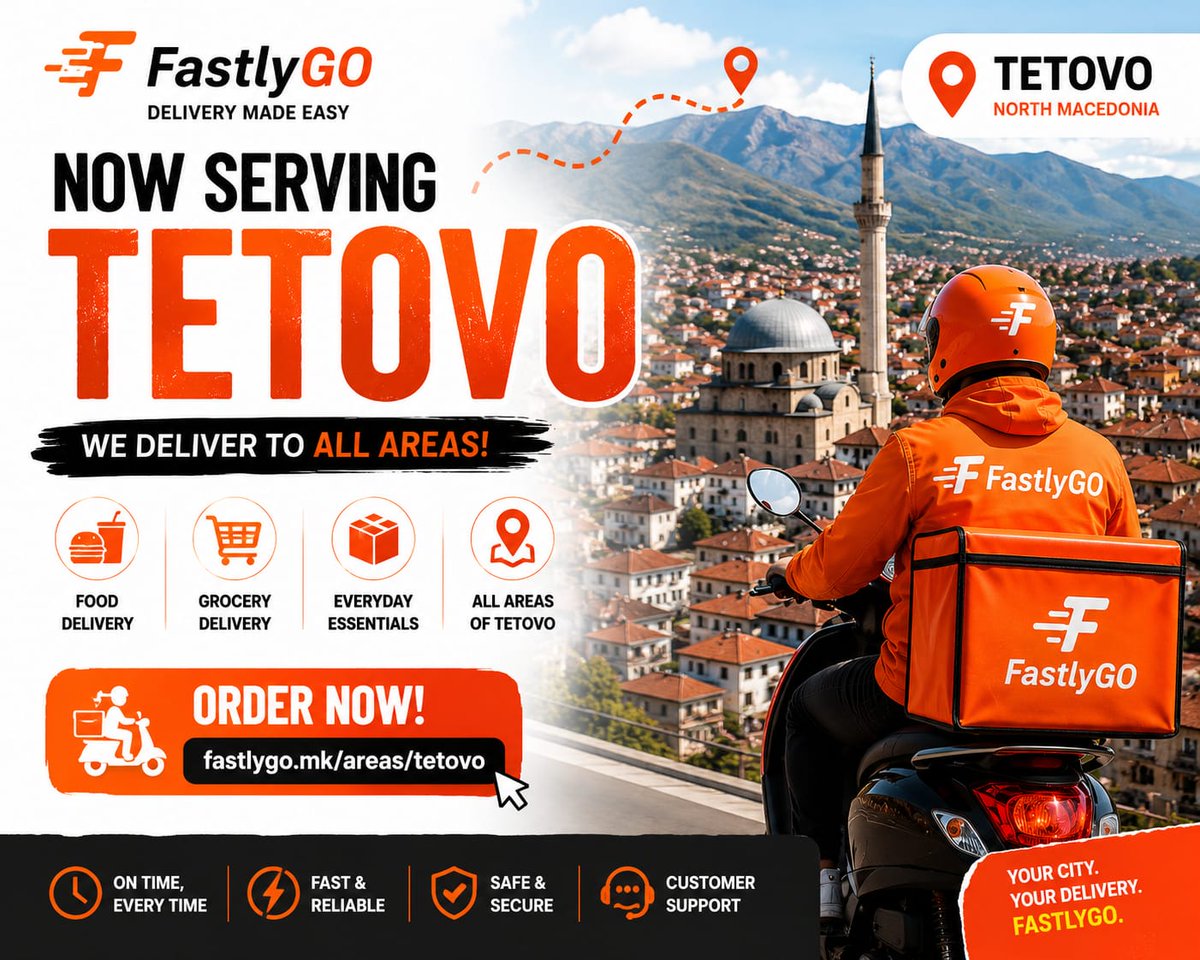 fastlygo's tweet photo. π Tetovo, we're here!
FastlyGO is now delivering across the city. π΅
π Food
π Groceries
π¦ More
π https://t.co/qmqCr93HCM
#Tetovodelivery #FastlyGO https://t.co/a9XX9IUsvs