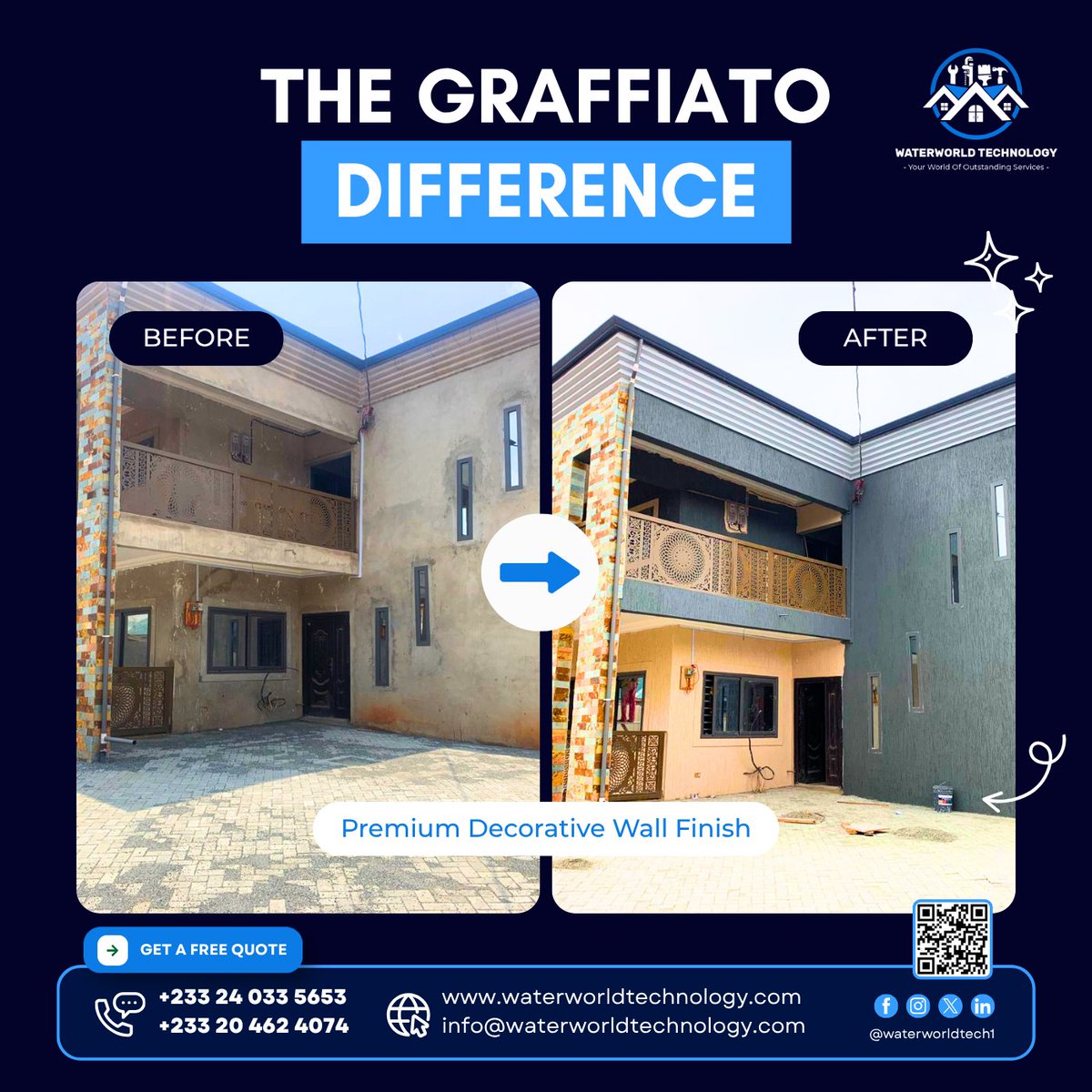 WaterWorldTech1's tweet photo. The Graffiato Difference ✨
From ordinary walls to a premium textured finish.

📞 024 033 5653
🌐 https://t.co/0FmIZtFgmw

#GraffiatoGhana #WaterworldTechnology https://t.co/AHM7bG1Mus