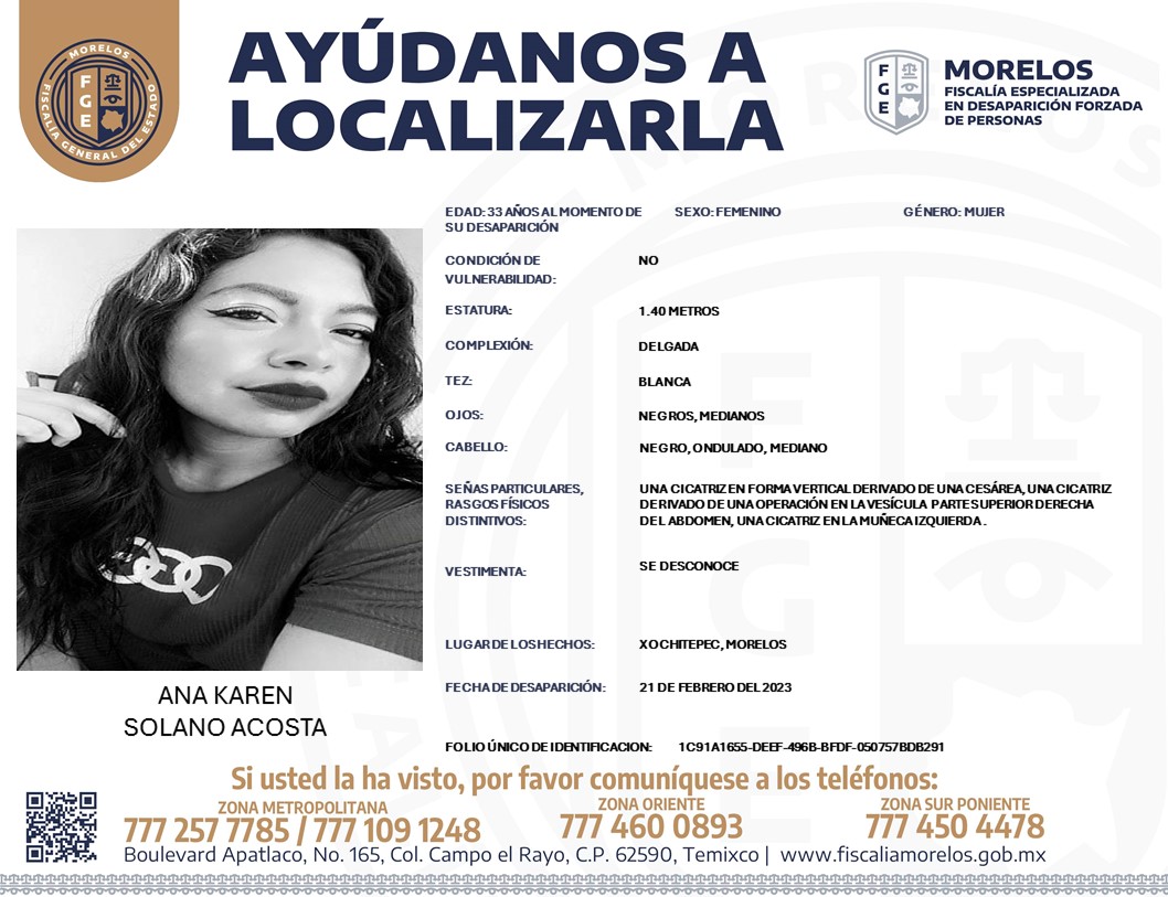 7dtv's tweet photo. En Febrero de 2023 desapareció #Ana #Karen

• En #Xochitepec, #Morelos

@Fiscalia_Mor solicita su colaboración para localizar a Ana Karen Solano Acosta, de 33 años de edad. https://t.co/AnlU0NP3Hj