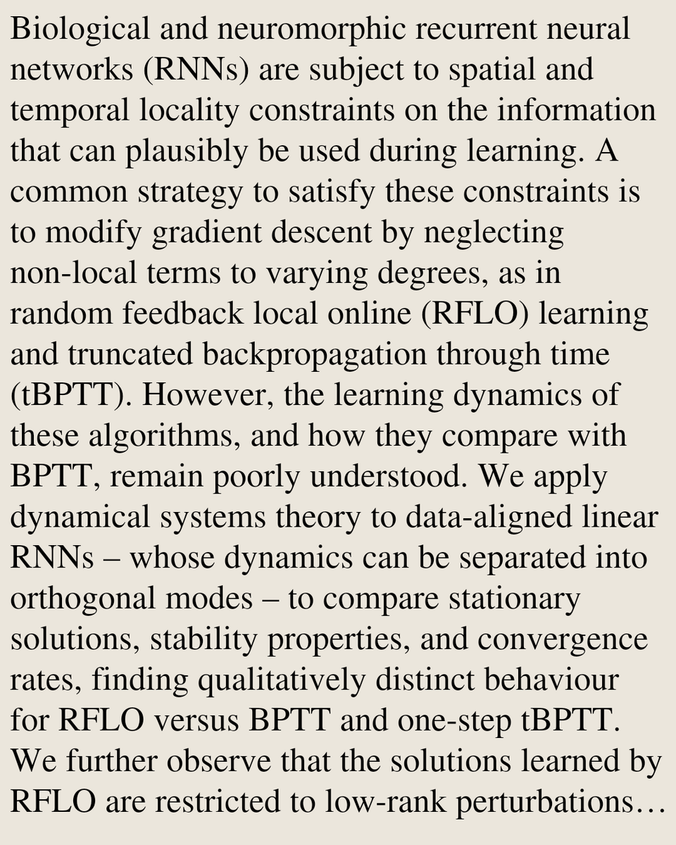 TAL's tweet photo. Dynamics and Representation Structure of Local Approximations to Gradient-Based Learning in Linear Recurrent Neural Networks

Ezekiel Williams, Alexandre Payeur, Guillaume Lajoie
https://t.co/rKQFrFm9e9 [𝚌𝚜.𝙽𝙴 𝚚-𝚋𝚒𝚘.𝙽𝙲 𝚜𝚝𝚊𝚝.𝙼𝙻]
💬Accepted to ICML 2026 as poster https://t.co/8Dgki5jDEB