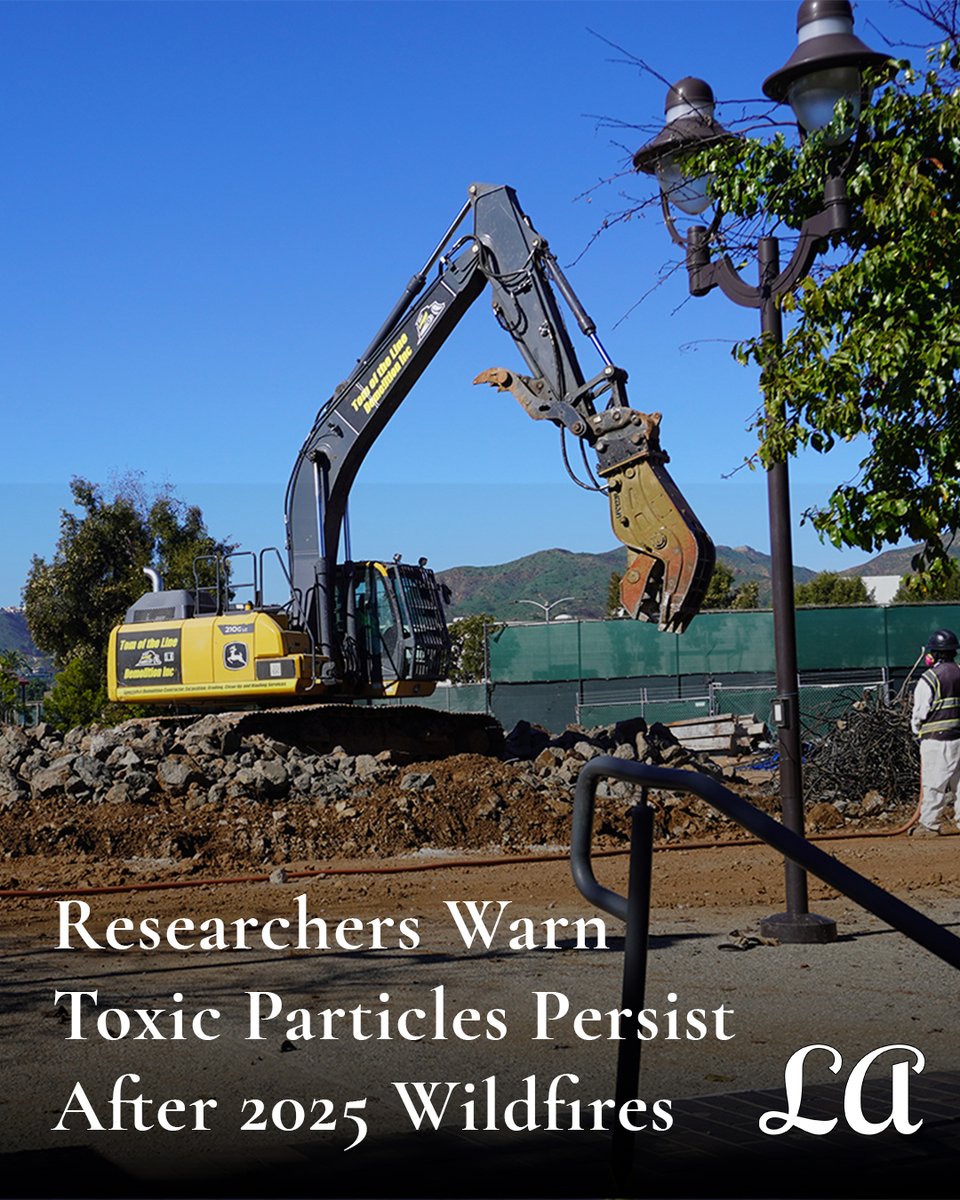 LAmag's tweet photo. A new UCLA and UC Davis study found airborne chromium-6, a known carcinogen, lingering around Palisades and Eaton fire cleanup zones more than a year after the devastating 2025 wildfires.

Full story ⬇️

https://t.co/pkVjWJJorI https://t.co/xbofzvoFyT