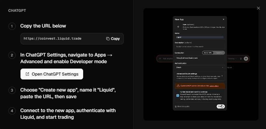 goodwaitik's tweet photo. i think the biggest shift in AI powered trading isn't "AI replaces traders"

it's that AI becomes the interface between your idea and the market

instead of jumping between charts, data, tabs and execution screens, you can move from idea → research → trade in one flow

and @coinvestai makes this feel pretty real already

⤷ you just go to: https://t.co/PrIjQd9dCa
⤷ choose ChatGPT or Claude
⤷ create the Liquid app using the short setup guide
⤷ connect your @liquidtrading account and start using it directly inside chat

trading starts to feel less like navigating a heavy interface and more like having a conversation with the market

• less friction
• faster execution
• more focus on the actual decision

feels like a real glimpse into where trading UX is heading