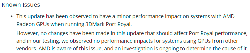 opinali's tweet photo. This big 3DMark update documents a regression for Radeon. I don't even use Port Royal anymore, it's obsolete, but I checked now and indeed my score went from 88fps last time I ran it to 80fps = -9%. Same for drivers 26.5.2 and 26.6.1. Checking later if anything else is impacted. https://t.co/wZH7oLpQgF