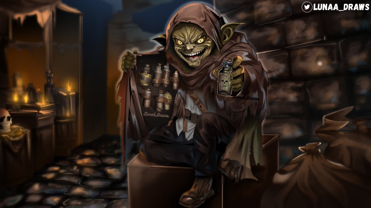 Lunaa_Draws's tweet photo. A suspicious smile, a bag full of potions, and absolutely no refunds💀

Commission completed!✨

#DigitalArt #CommissionArt #Goblin #PotionSeller #CharacterArt #Illustration #Sketch #Artwork #ArtShare #Artmoots #CommissionedArt #FantasyIllustration #ArtistSupport #DrawingProcess https://t.co/xNW6rfZbOf