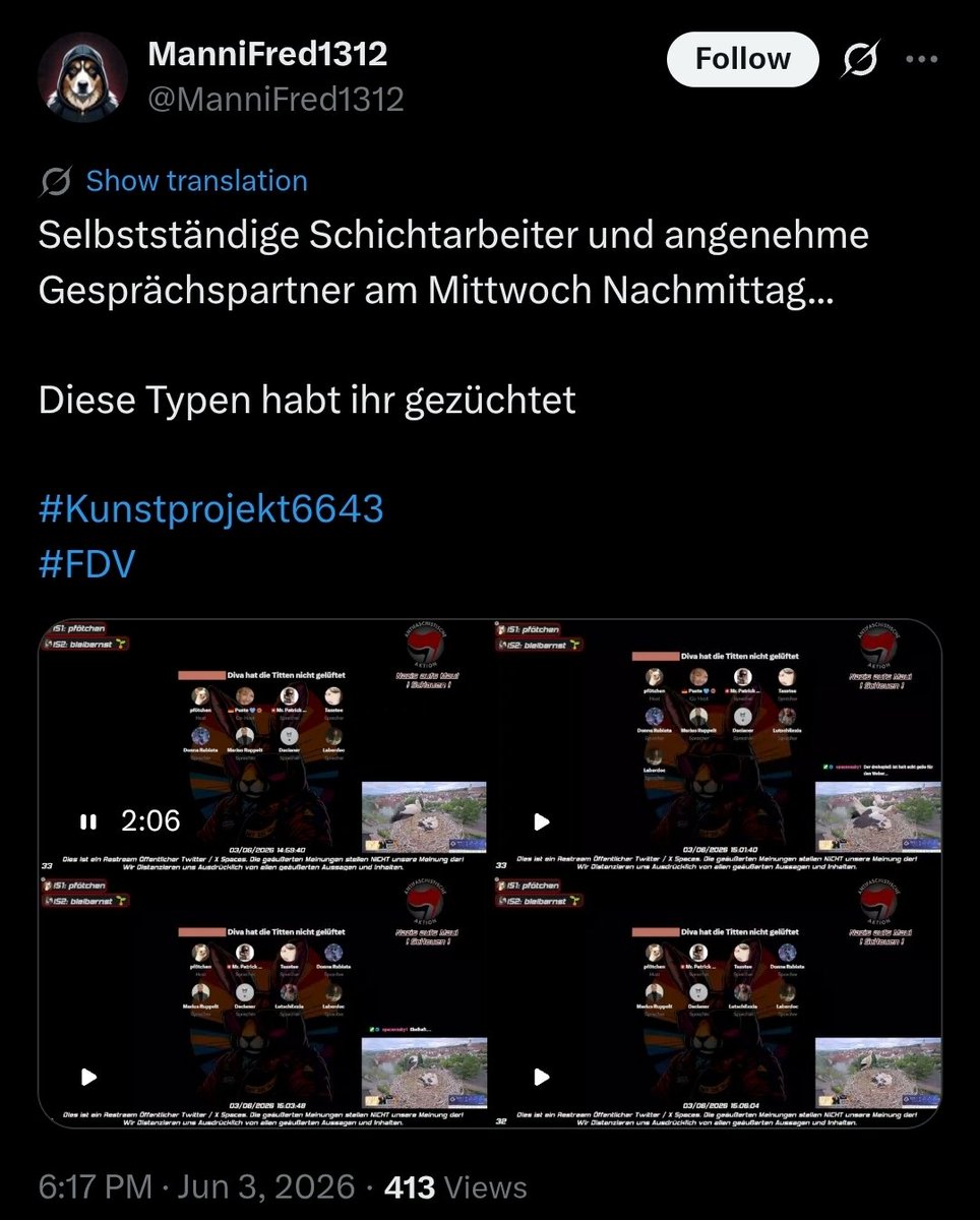 st_hennermann's tweet photo. Die Aufnahmen aus Pfötchens Space die Manni da gepostet hat sind absolut widerlich. U.a. sagt Lutschi zu Marius dass dieser in ein Lager käme sobald die AfD an die Macht käme. Das ist selbst Bateman zu viel.
Was Manni übersieht ist der Kommentar seiner Ana am Ende des vierten Videos "darf ich mal kurz sagen dass ich das gerade genieße".
So wird aus der durchaus gerechtfertigten Kritik am Space der übliche Bumerang.