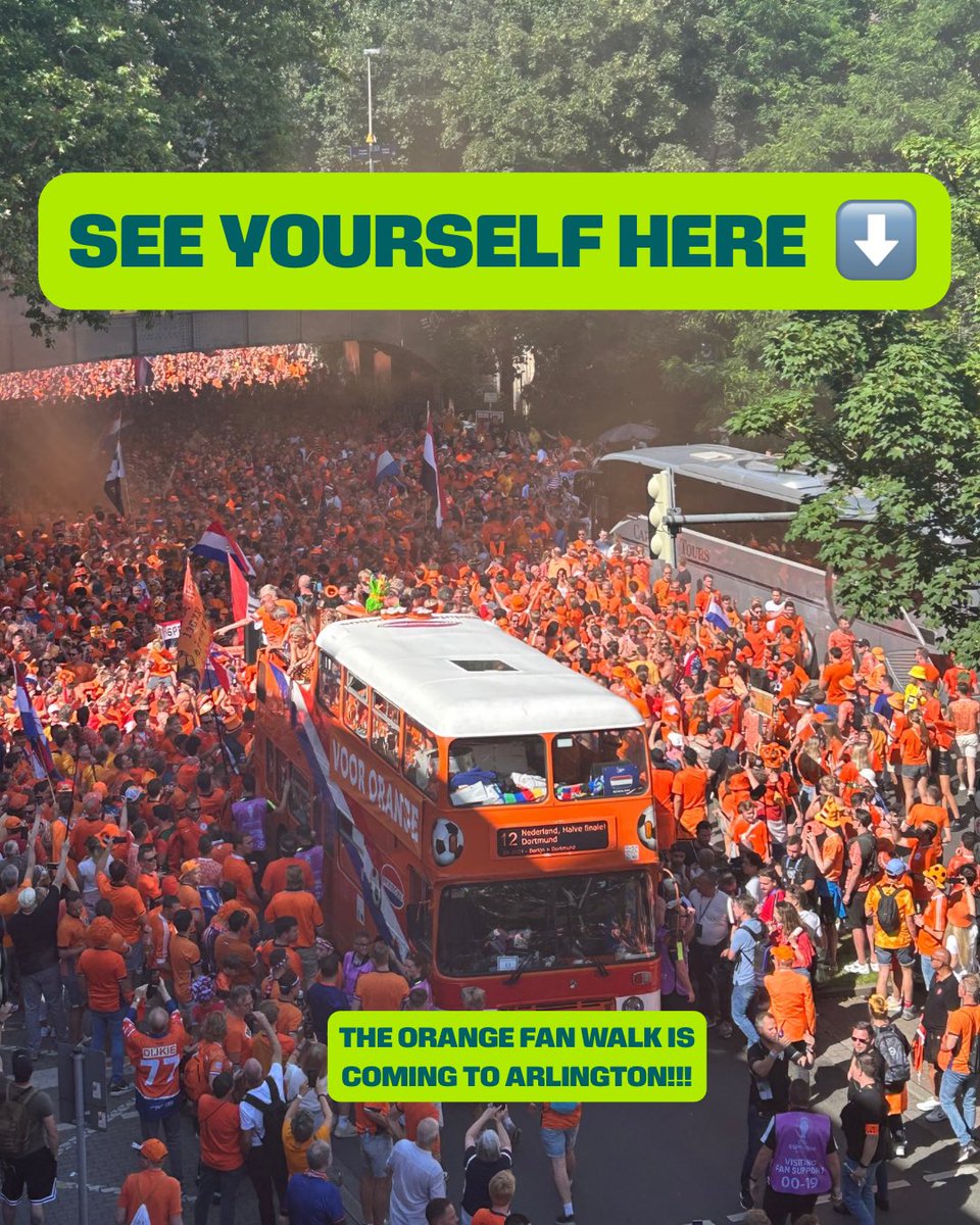 FWC26Dallas's tweet photo. The Netherlands Oranje Bus is bringing the party to Arlington on June 14! 

The meeting point is Road to Six Flags Street &amp; Ballpark Way, near Choctaw Stadium, Arlington and the walk begins at 11:15 CT. https://t.co/DNf6m3jSCl