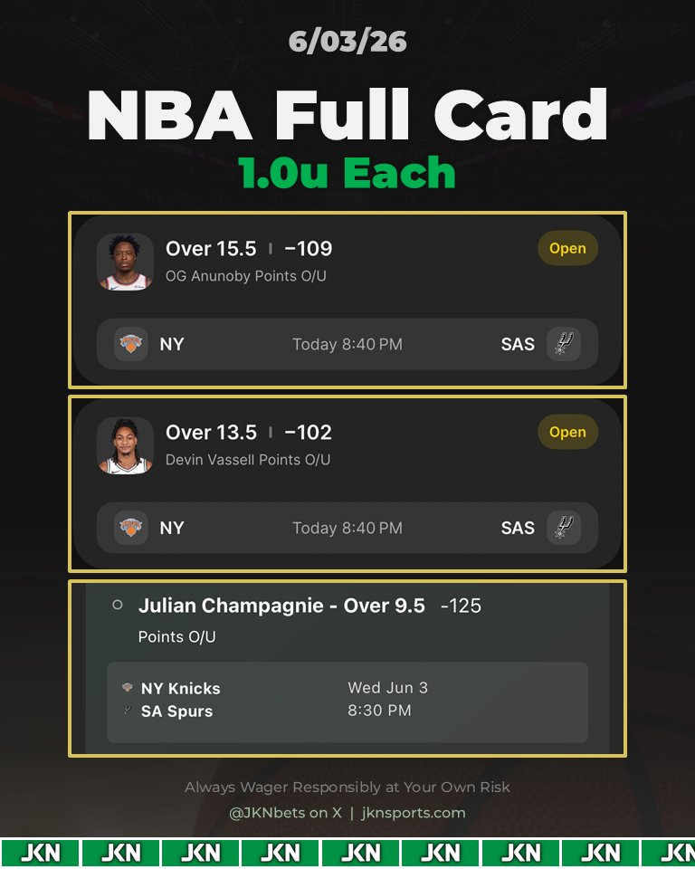 JKNbets's tweet photo. NBA Full Card (6/03/26) 🏀

Spurs Knicks Game One 🎯

Points Props (3 Overs) 💎
Placed on DraftKings &amp; Bet365 🛒

#NBA #SportsBettingX https://t.co/su5KhKfR4V