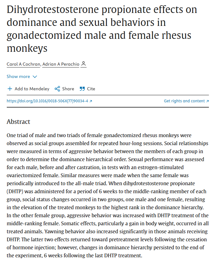 MyProtocols's tweet photo. Higher DHT = higher social status

Administering DHT propionate to middle-ranking monkeys caused them to rise to the top of their social hierarchy in both males and females.

Interestingly, this shift in dominance lasted 6 weeks after the hormone therapy was stopped, even after the physical effects had worn off.