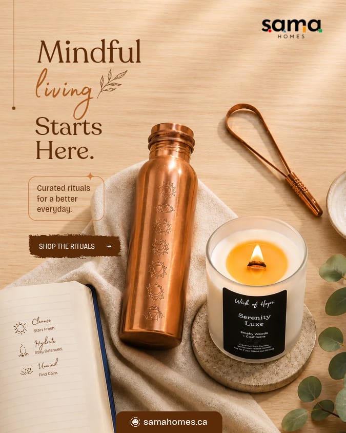 sandeepgarg's tweet photo. Mindful living starts here. 🌿 Build curated rituals for a better everyday with Sama Homes.

Featuring our pure copper Chakra bottle &amp; Serenity Luxe candle. ✨
Shop the rituals: https://t.co/wJLk88H9z8
#SamaHomes #MindfulLiving #WellnessJourney #SelfCare #HomeAesthetic https://t.co/iAPUcpcHGf