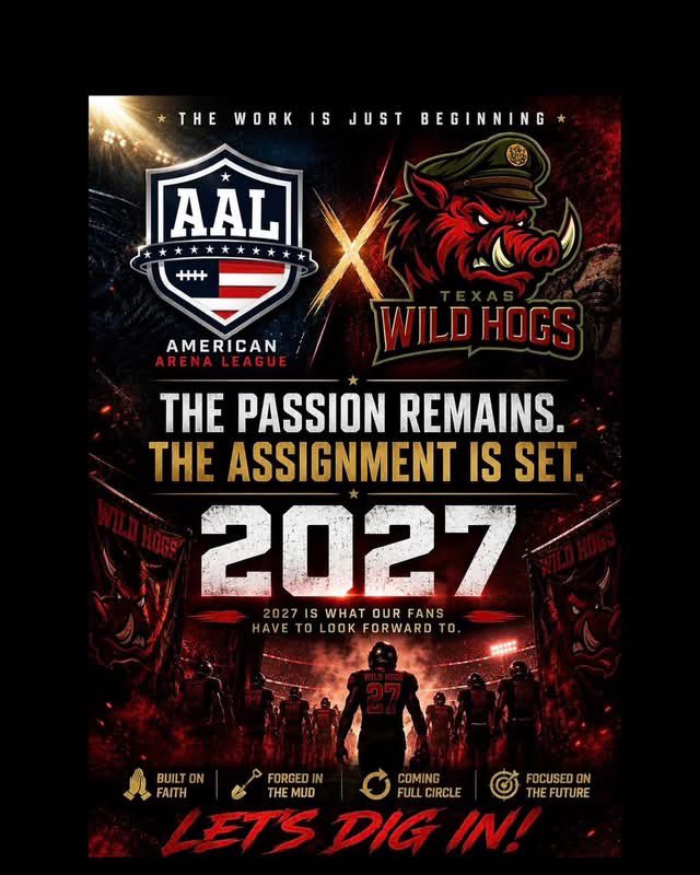 ShadySportsNet's tweet photo. The first expansion team for the 2027 American Arena League season has been announced.

Texas Wild Hogs will join the AAL for the 2027 season.

#AAL #EXPANSION
#AmericanArenaleague https://t.co/P8qmkYrSho