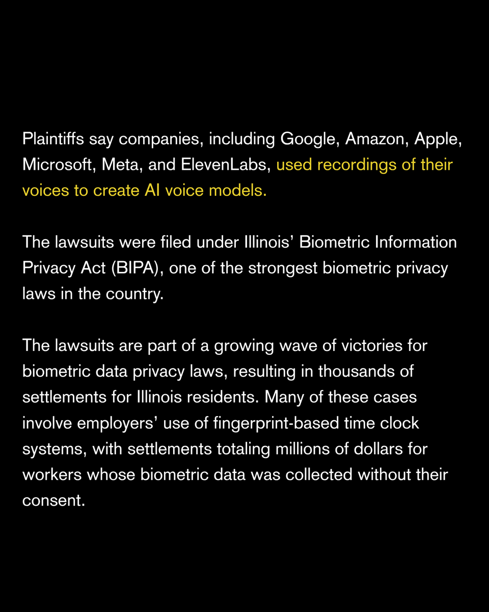 invinst's tweet photo. Invisible Institute reporter Yohance Lacour and former investigations editor Alison Flowers have joined a lawsuit alleging major tech companies used their voices without consent to train AI systems.

Read more via Capitol News Illinois: https://t.co/uImiUk6jC6 https://t.co/Iwd3NPFIk9
