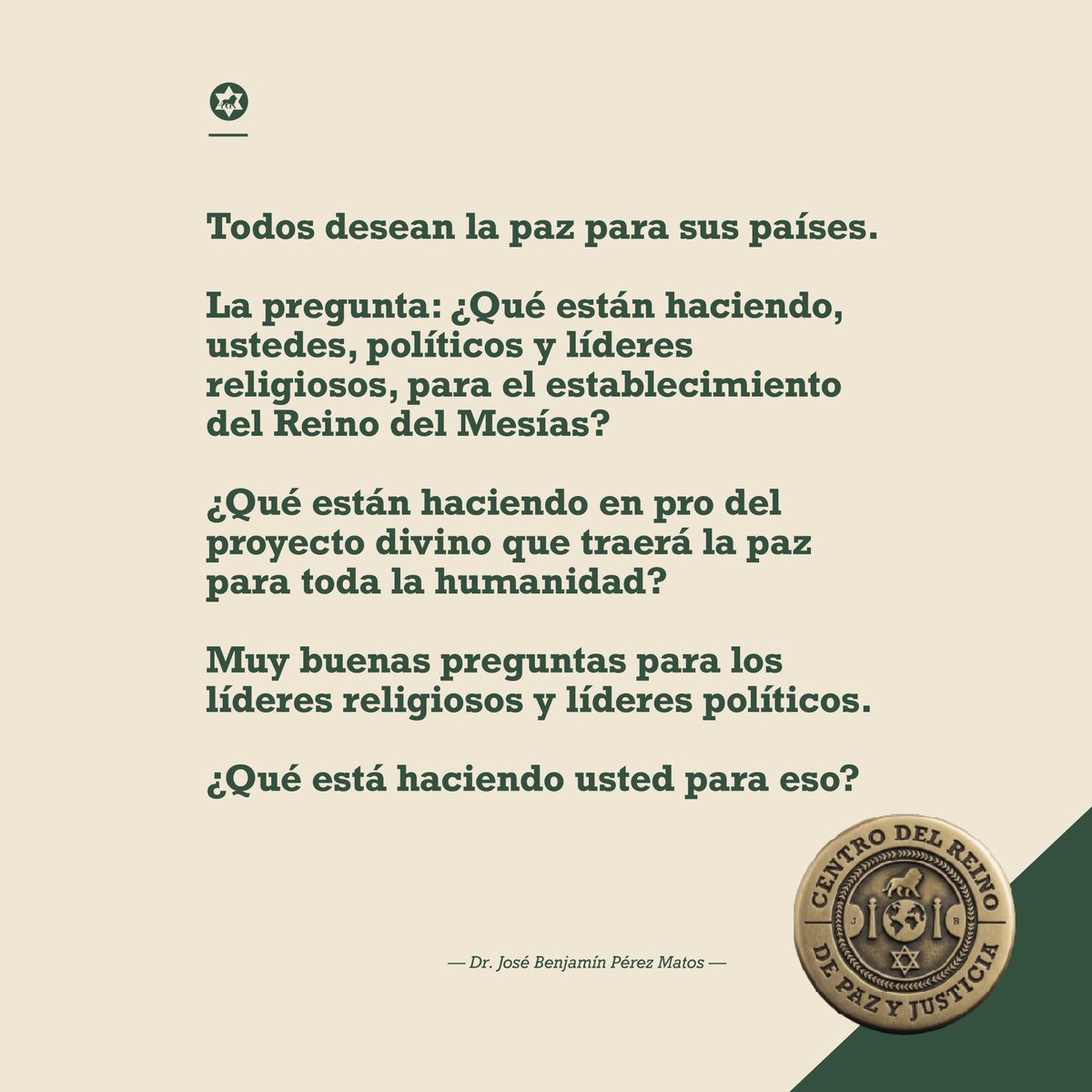 CRPazYJusticia's tweet photo. 🌎 ¿Qué están haciendo los líderes políticos y religiosos para el establecimiento del Reino del Mesías?

El Dr. José Benjamín Pérez Matos invita a reflexionar sobre el papel de cada persona en la construcción de un futuro de paz, justicia y esperanza.

La pregunta también es personal:

¿Qué está haciendo usted?

#JoseBenjaminPerezMatos #ReinoDelMesias