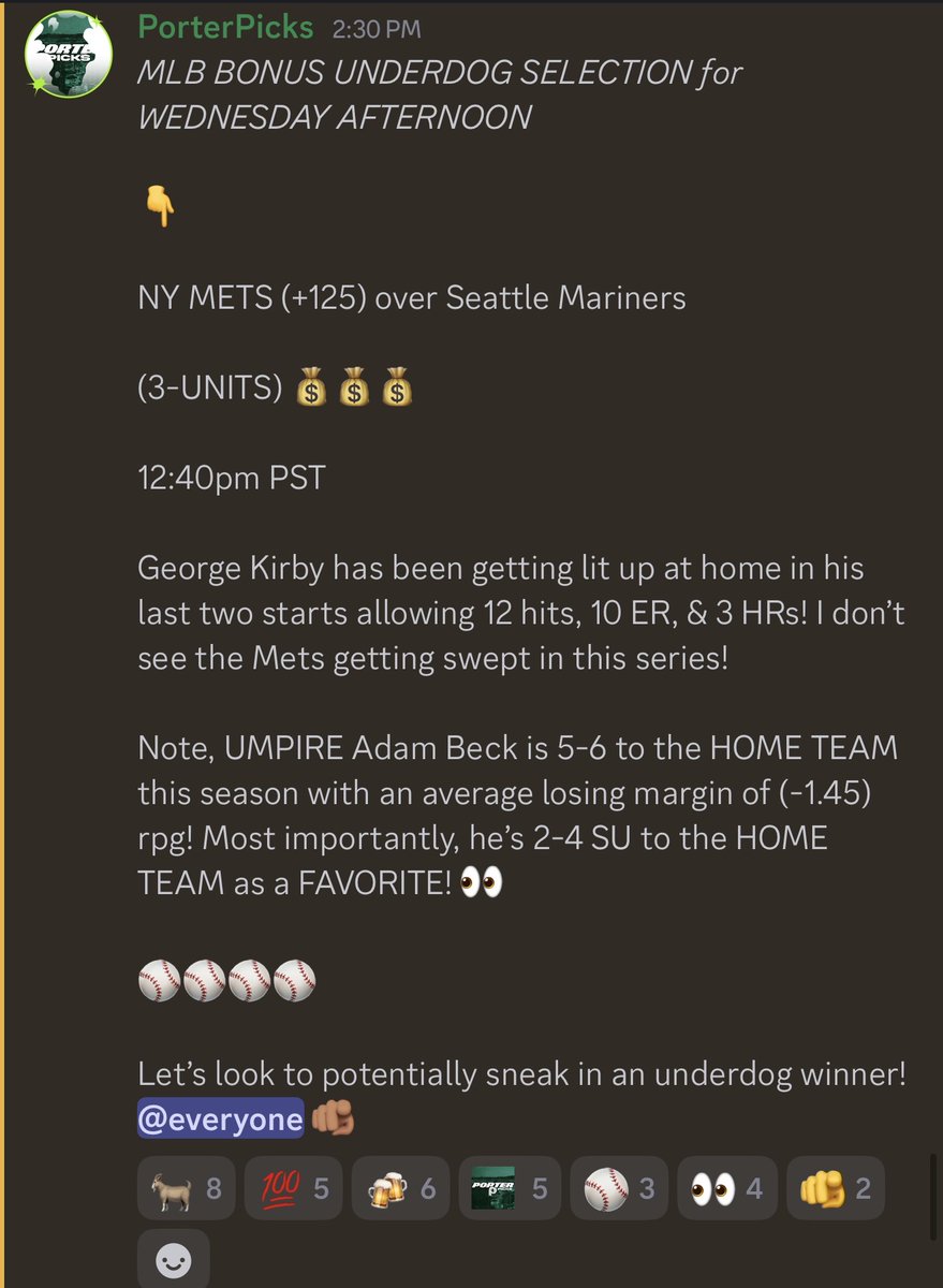 Porter_Picks's tweet photo. **CLIENT SELECTION IN DISCORD**

CASH THOSE TICKETS @ everyone 🫵🏽

The NEW YORK METS (+125) get the job done easily over the SEATTLE MARINERS as a GREAT PUBLIC FADE as expected!! 😤

(+3.75-UNITS) 💰✨💰✨💰✨✅

#LGM

ABSOLUTE BLOWOUT BONUS UNDERDOG WINNER!! 🔥🫵🏽

CHEERS!! 🍾✨🥂✨🥂✨🥂
