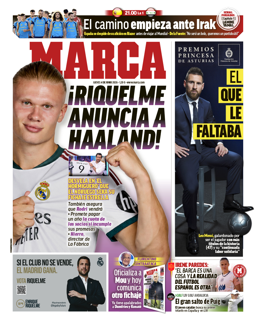 marca's tweet photo. #LaPortada 🗞️ ¡Riquelme anuncia a Haaland! https://t.co/3dX8q5zswF