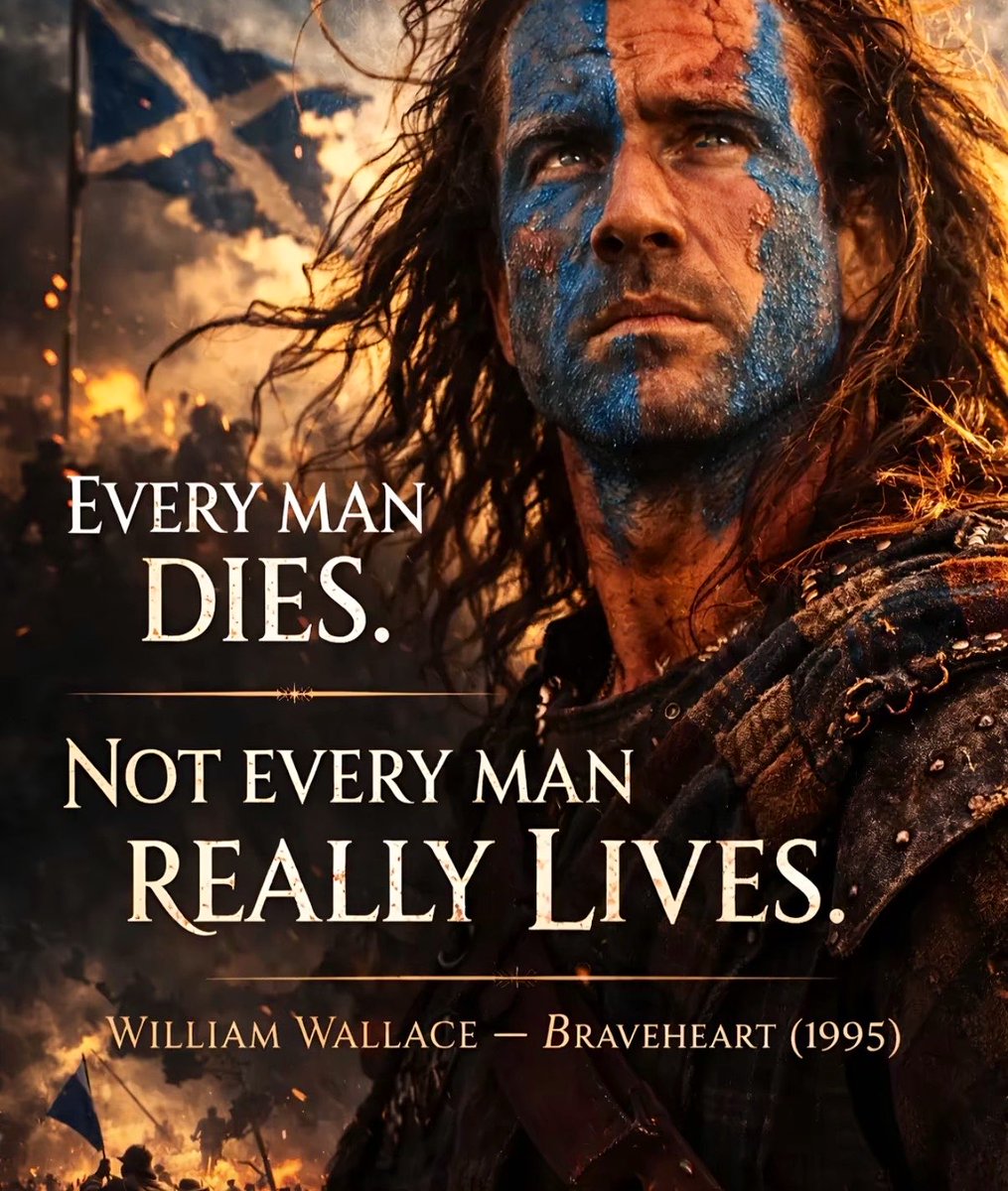 irishpatriot91's tweet photo. Every man dies. Not every man really lives.”

— William Wallace, Braveheart (1995)

A timeless reminder that existence alone is not life. https://t.co/V9TzukgtDL