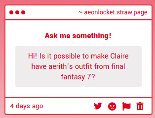 aeonlocket's tweet photo. 1 - afaik no, i dont think theres any aerith mod for claire except a head one :(

2 - ofc! love taking those shots and playing with the lighting, its very fun ❤️ once i have enough time ill probably make more with the main re engine girls https://t.co/iRbJeQFHQA